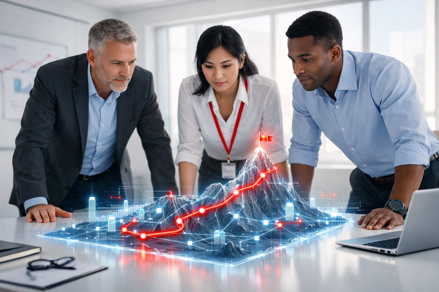 Program rescue consultants analyzing enterprise transformation data in a modern boardroom.