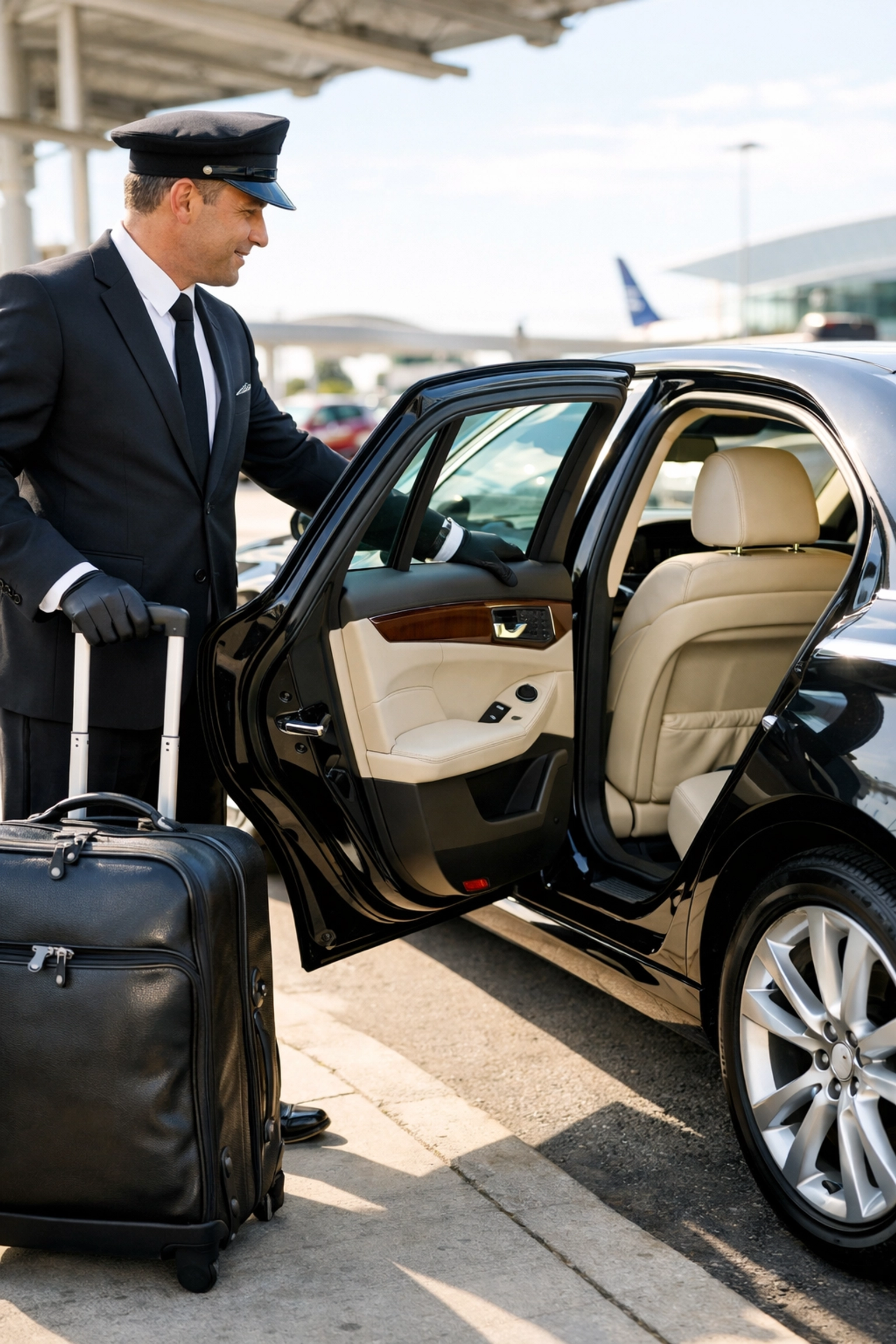 Professional chauffeur assisting a passenger with luggage for airport transportation Knoxville TN.
