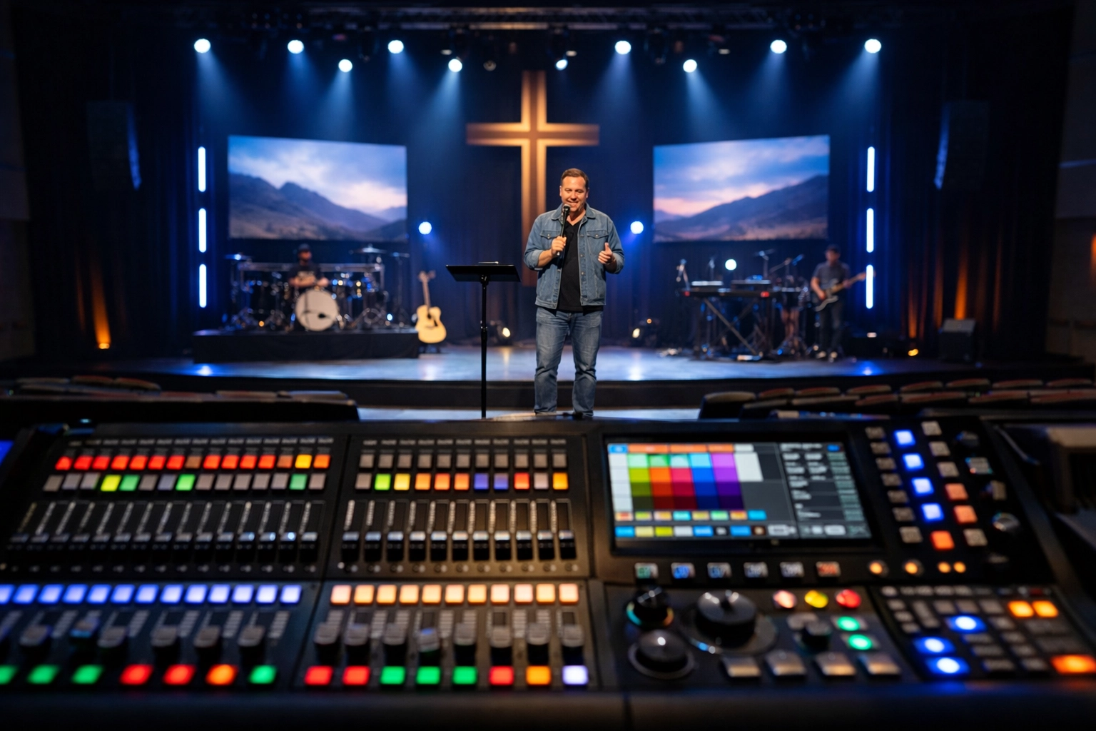 Modern digital lighting console in a church tech booth controlling a professionally lit stage wash.