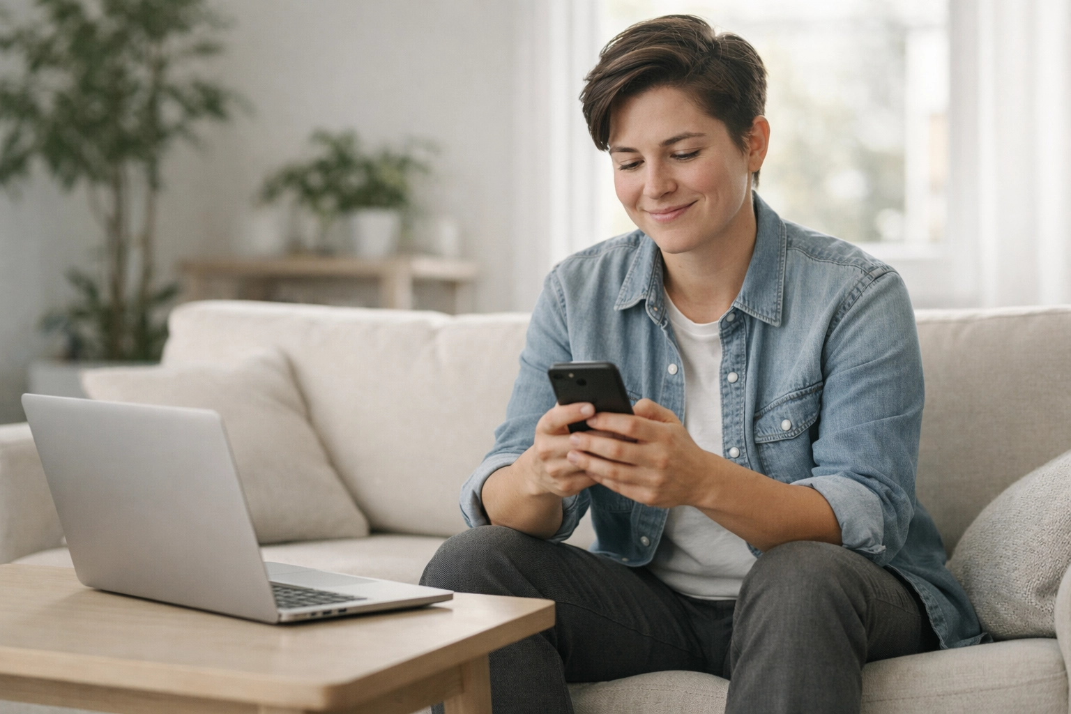 A relieved professional using a smartphone to receive an e-transfer cash loan online in Canada.