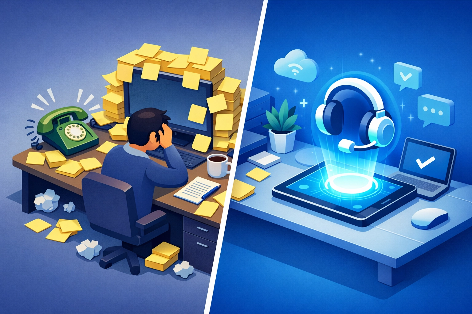 Comparison of manual call handling versus a streamlined AI voice agent for small business. Comparison of manual call handling versus a streamlined AI voice agent for small business.