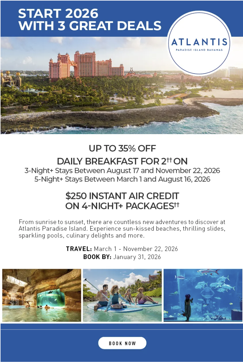 Flyer highlights up to 35% off and air credit at Atlantis Paradise Island