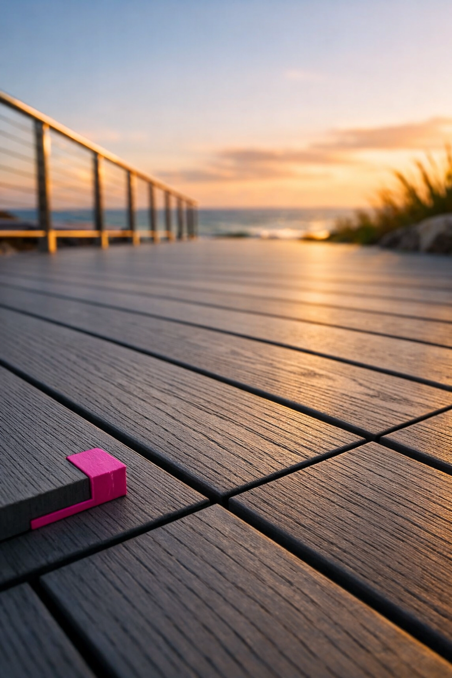 Rot-proof recycled plastic decking used for a modern coastal boardwalk in a harsh salt-water environment.