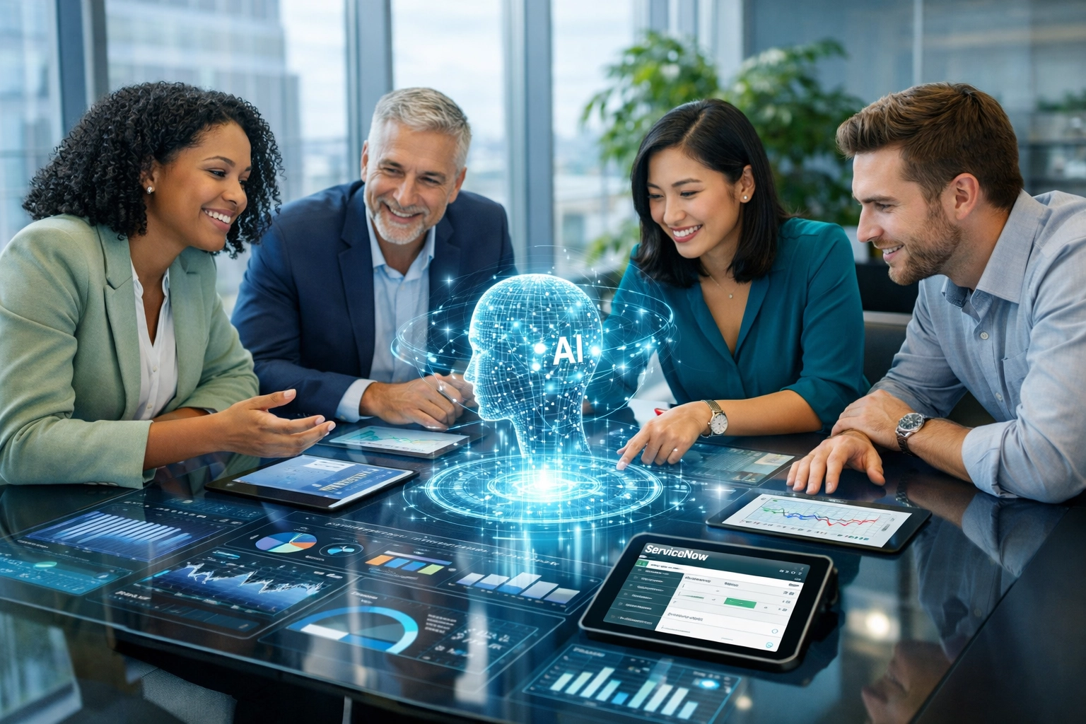 ServiceNow consulting team analyzing Agentic AI metrics and implementation dashboards