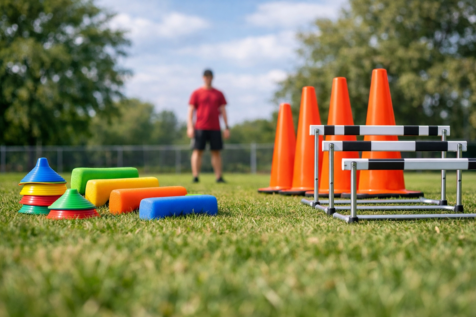 Age-appropriate agility equipment comparison showing small cones and foam hurdles for youth