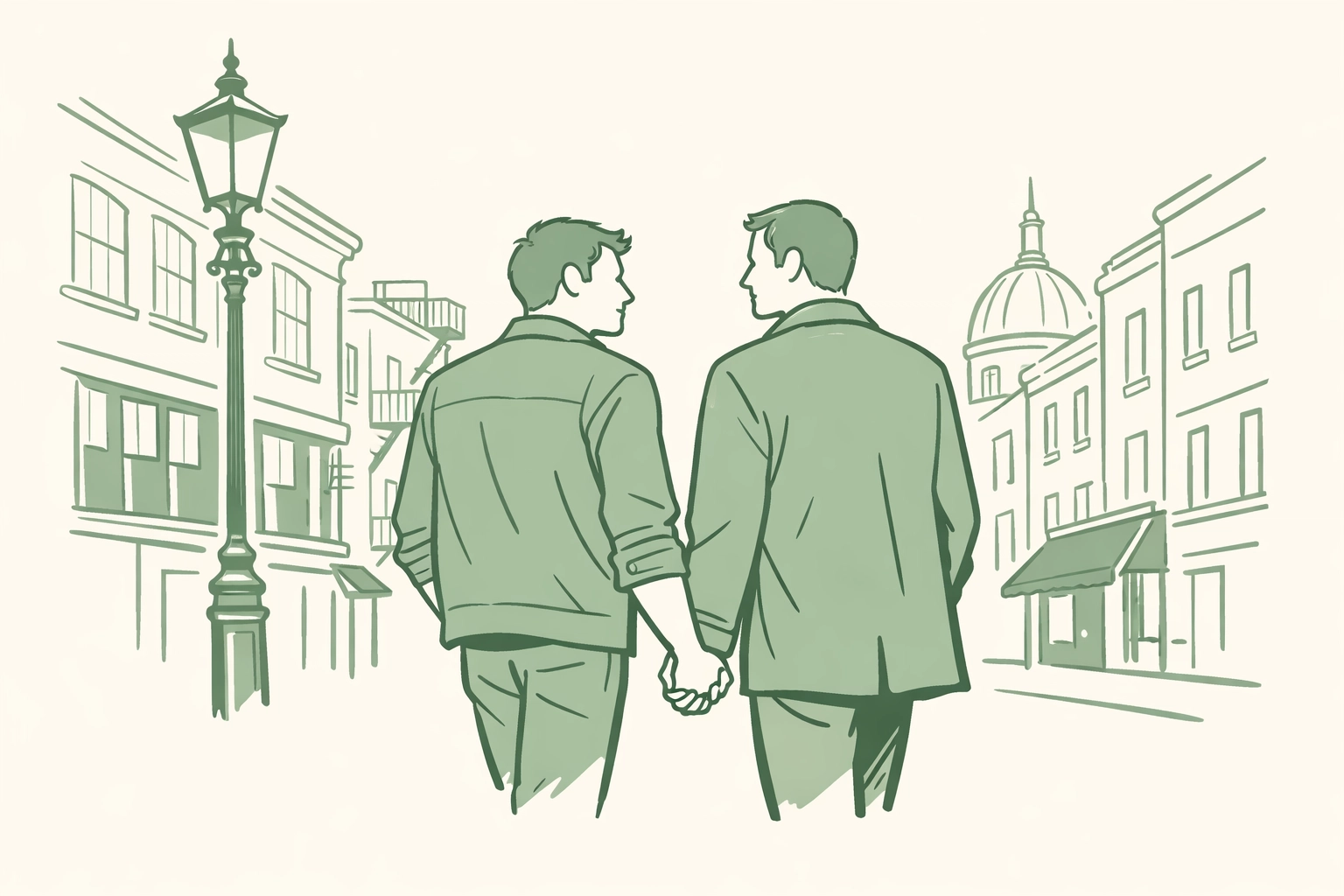 MM couple holding hands in historic Soho, illustrating the resilience of queer history and gay literature.