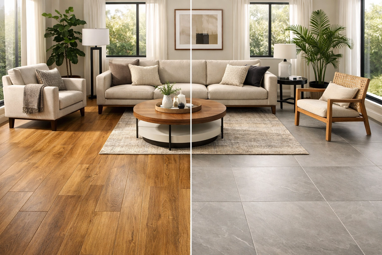 LVP and tile flooring comparison in modern Orlando living room showcasing both materials