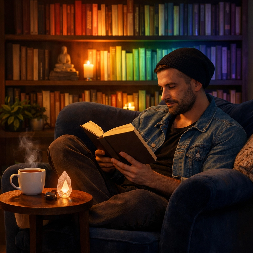 Man reading a book in a cozy rainbow-lit room, reflecting on the meaning found in MM romance and queer fiction.