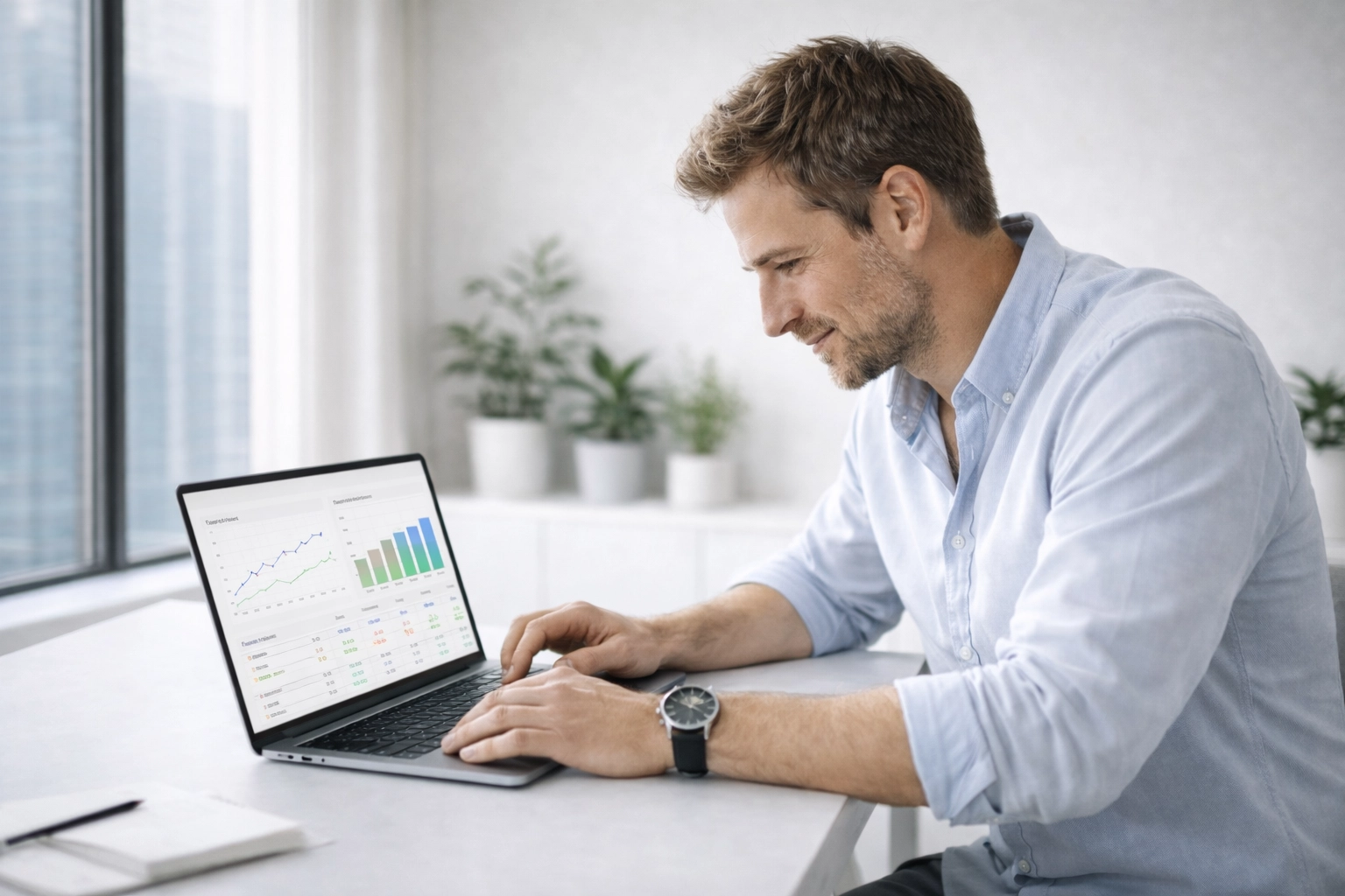 Startup founder monitoring real-time financial forecasting data on a tablet in a modern office.
