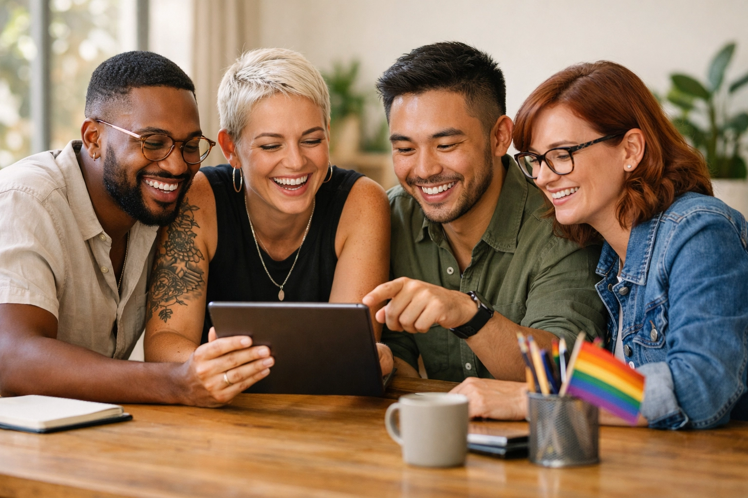 Diverse queer professionals collaborating at a table, embodying interdependence and collective leadership in a modern office.