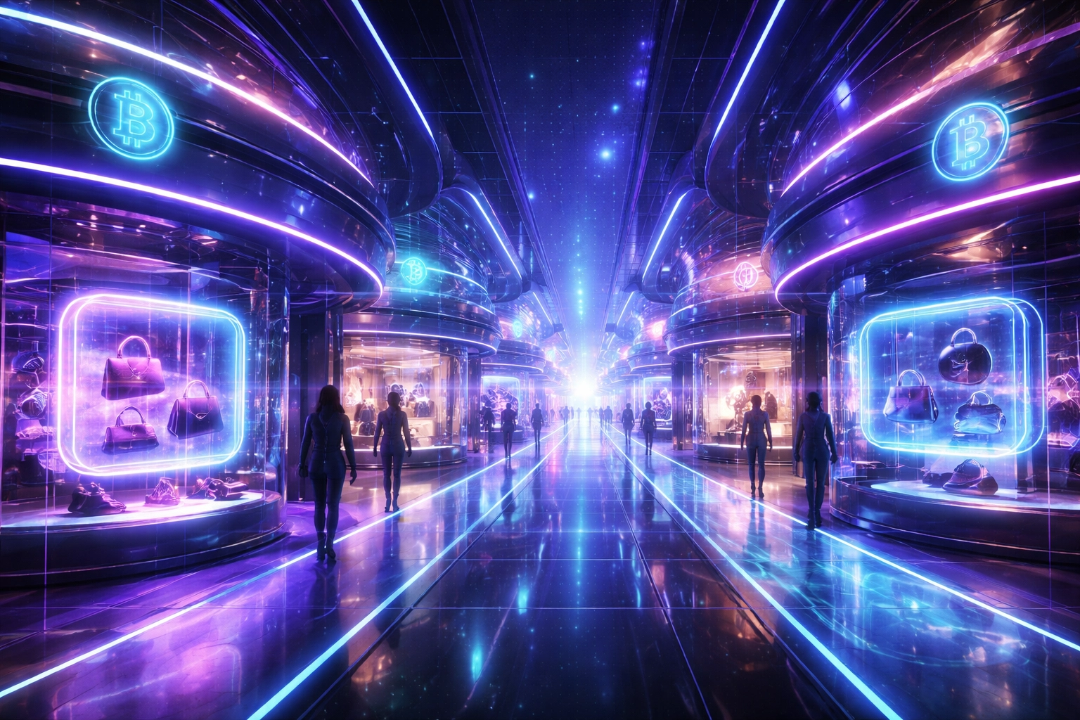 Virtual metaverse shopping mall with holographic crypto products and avatar customers, illustrating immersive commerce