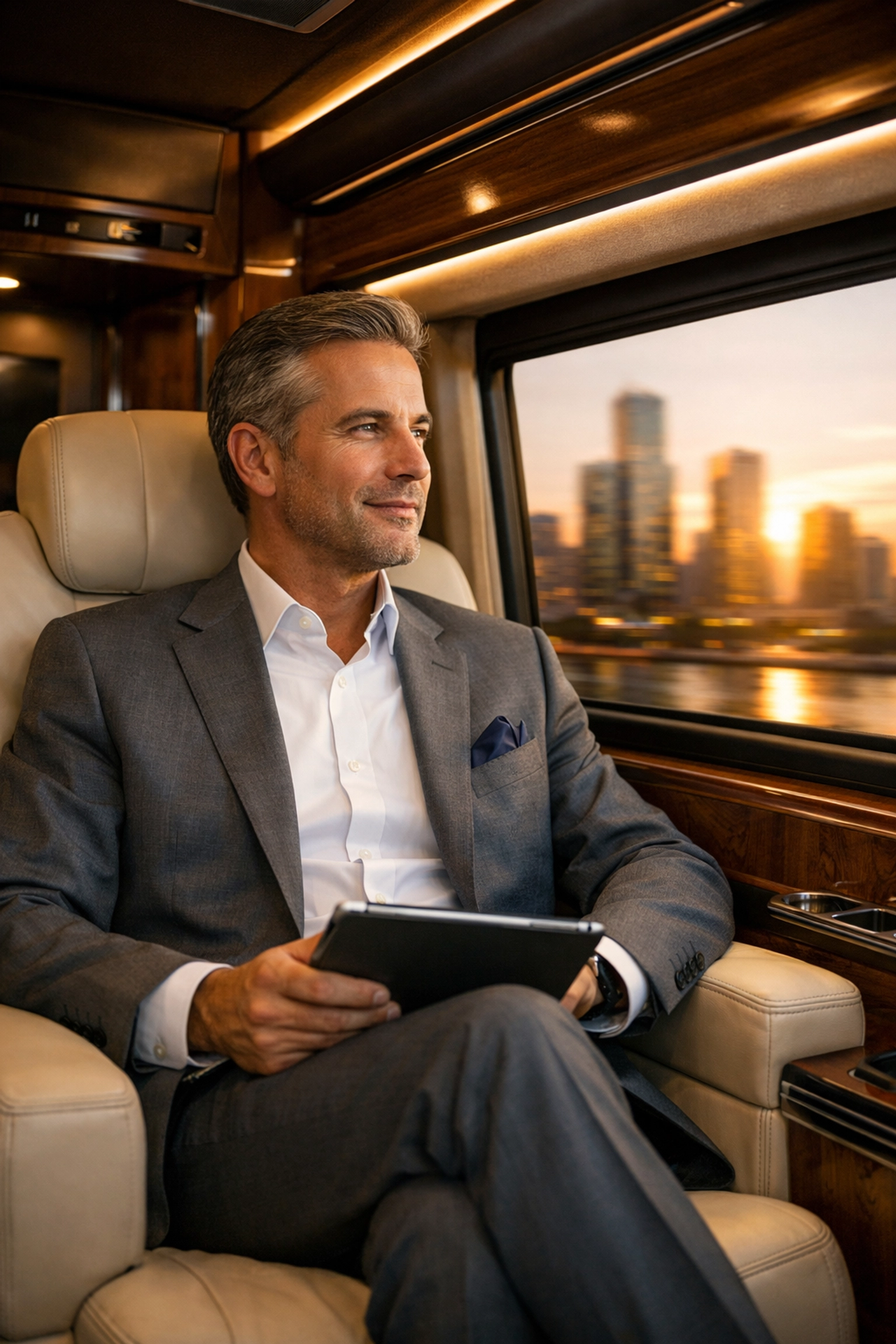 Corporate executive relaxing in a luxury van interior during high-stakes business travel logistics.