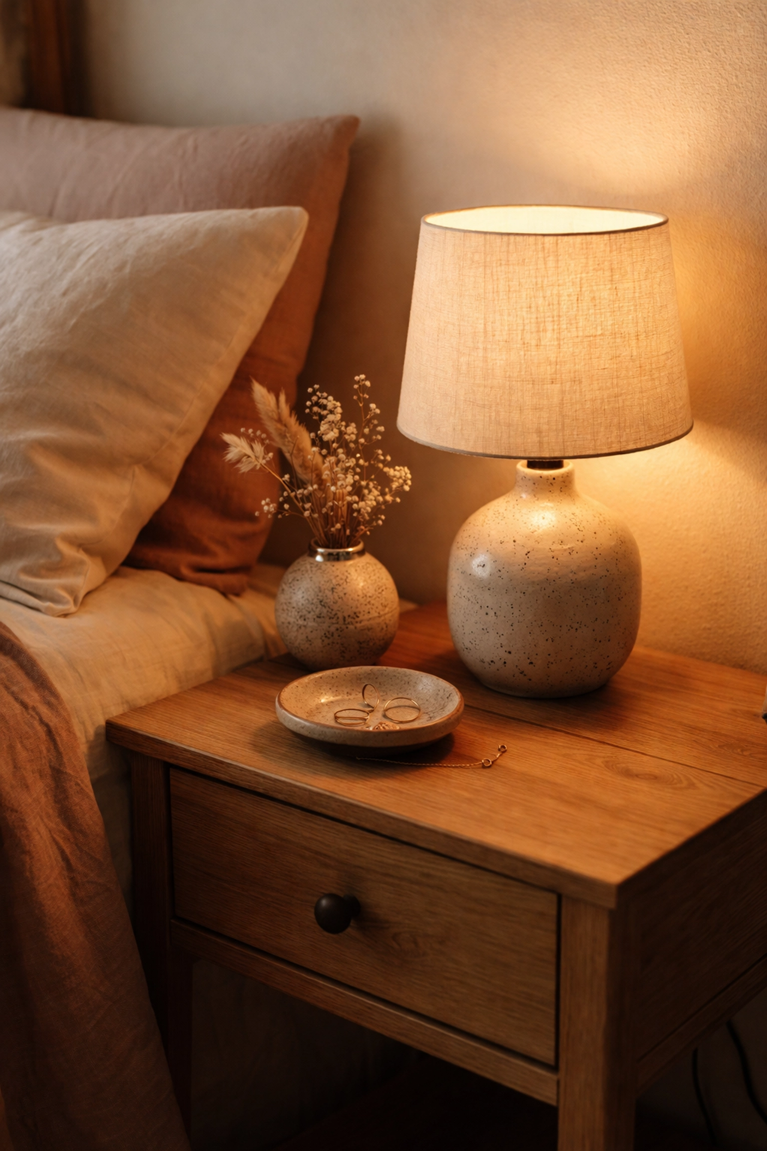 Curated bedroom nightstand featuring an artisan lamp, handmade pottery, and dried flowers for personalized, handcrafted style