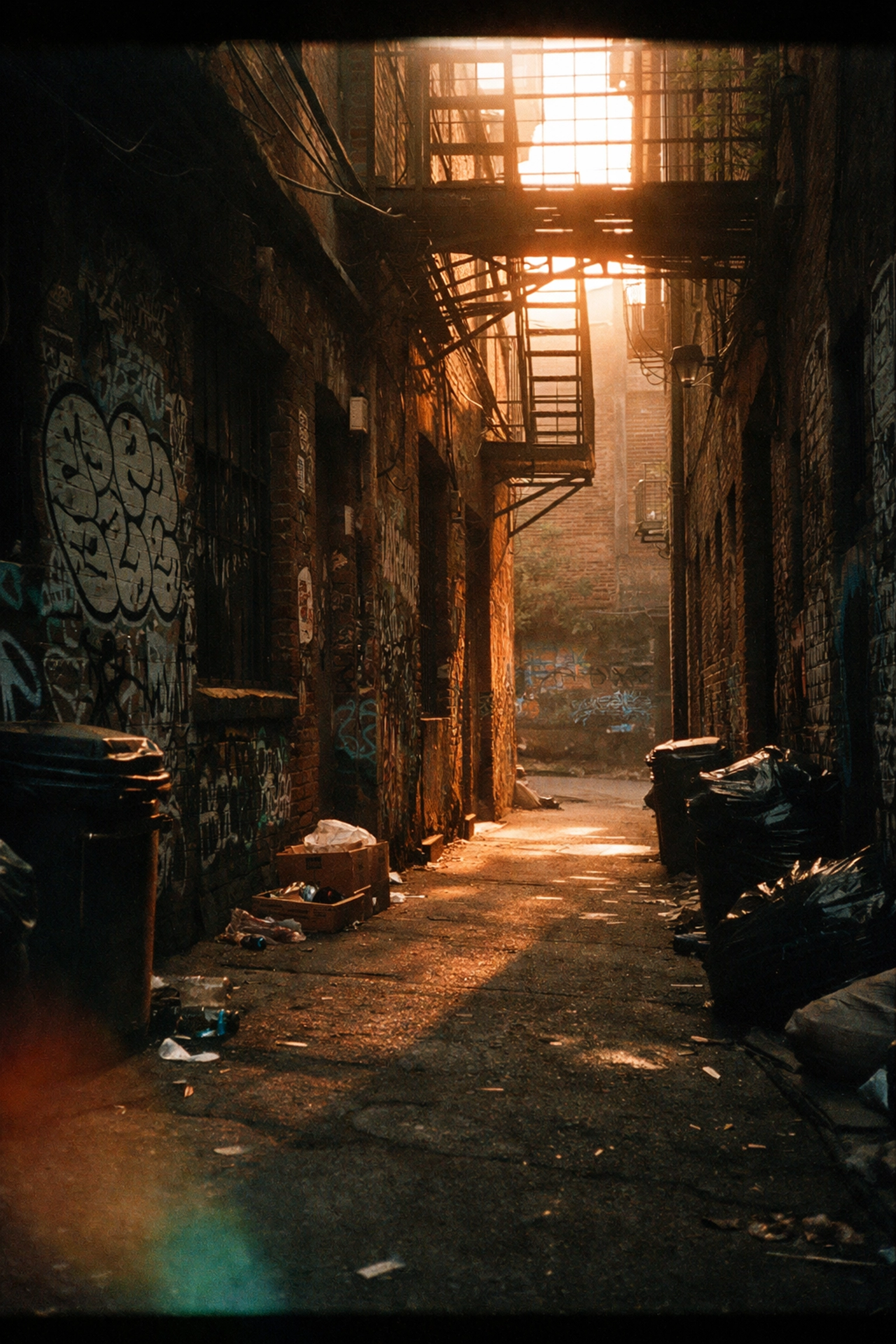 Vintage style Brooklyn alleyway in Williamsburg with graffiti, showcasing lo-fi photography aesthetic