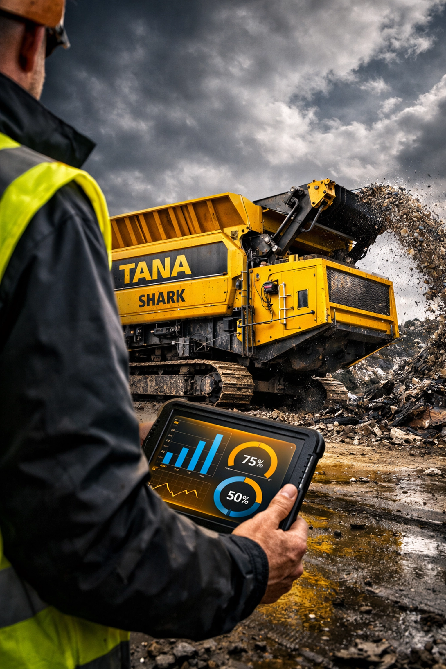 TANA Shark slow speed shredder monitored by a site manager using digital data tracking for facility efficiency.