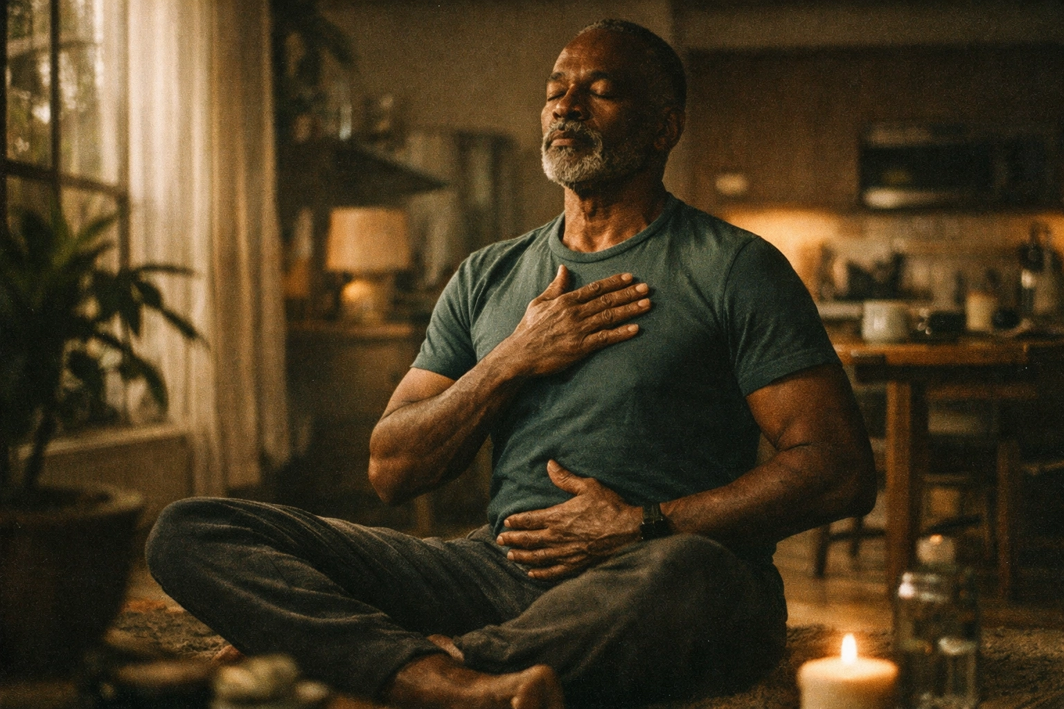 Man practicing breathwork meditation to reduce cortisol and improve sexual performance