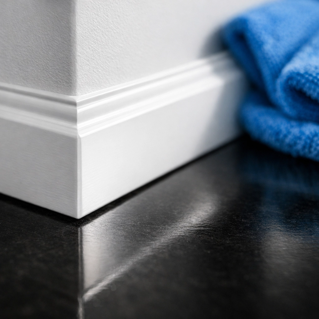 Close-up of dust-free white baseboards cleaned by professional cleaners in Leominster MA.