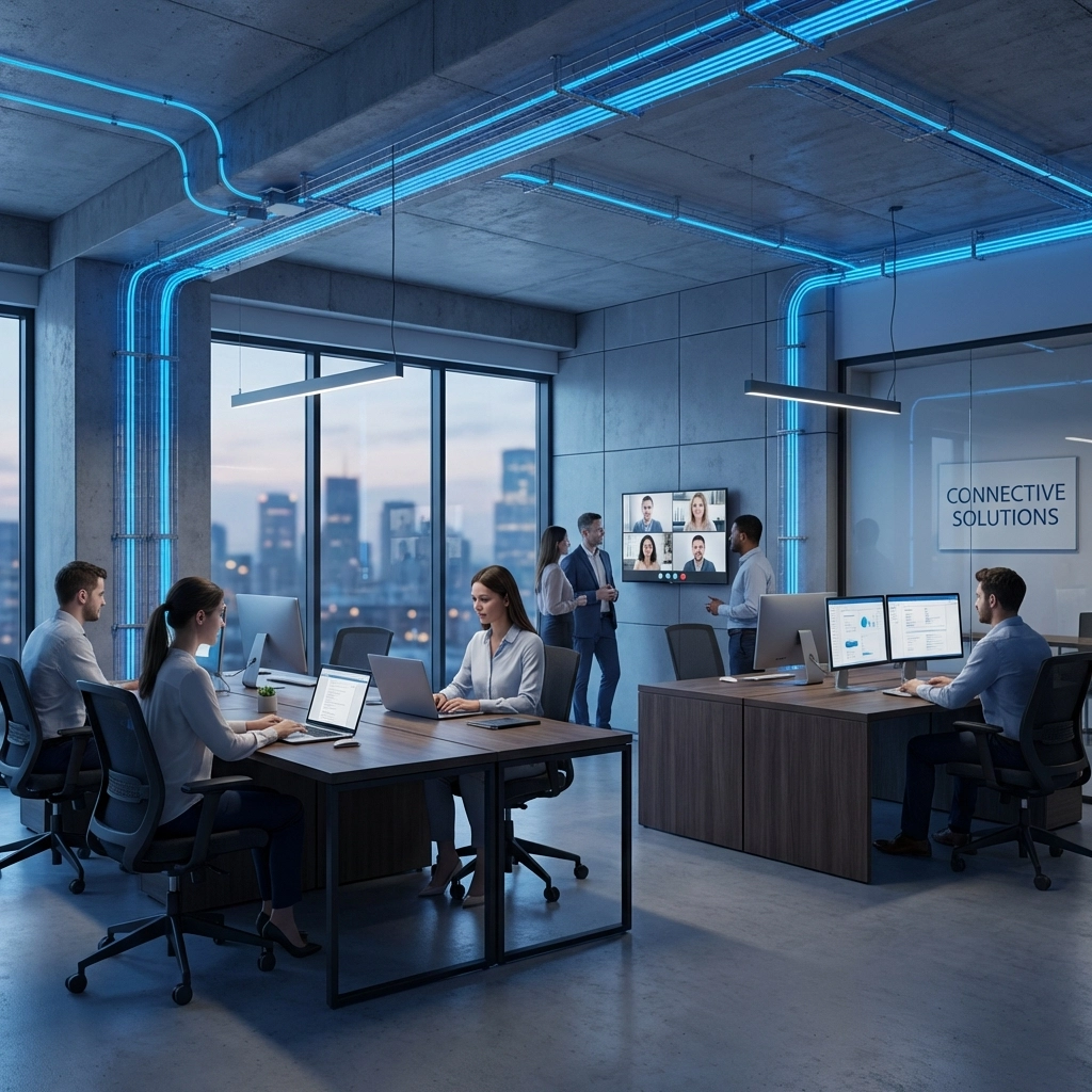 Modern business office with fiber optic internet cables and employees working, highlighting AT&T Business affordability and speed.