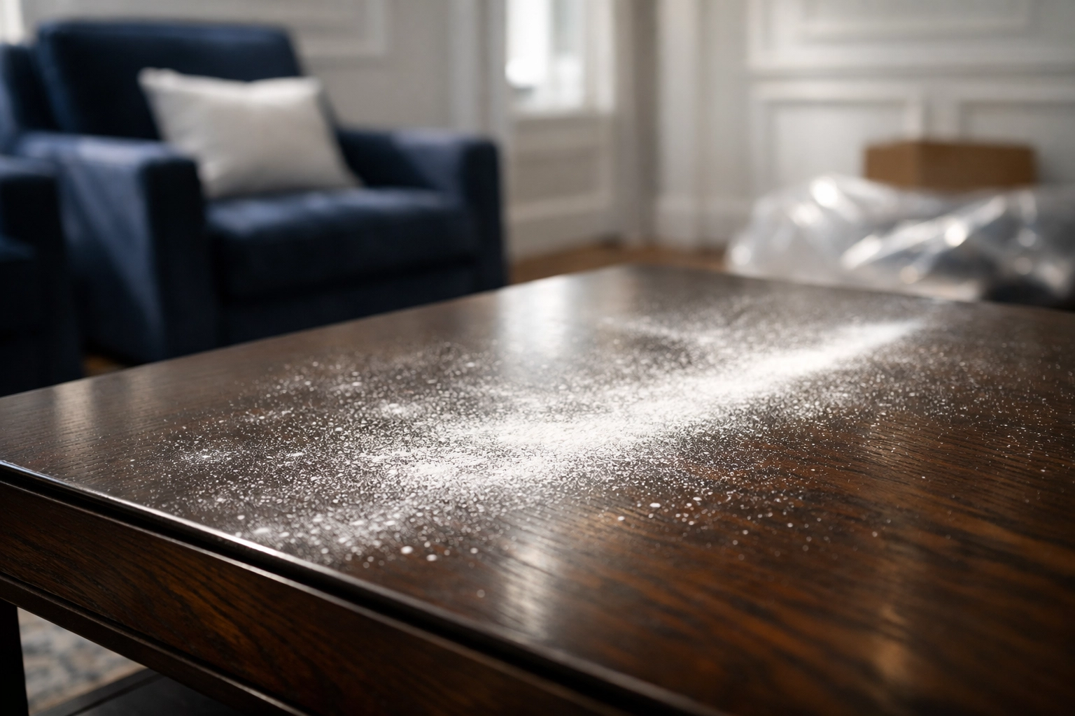 Fine drywall dust on a living room table before post-construction cleaning Northborough.