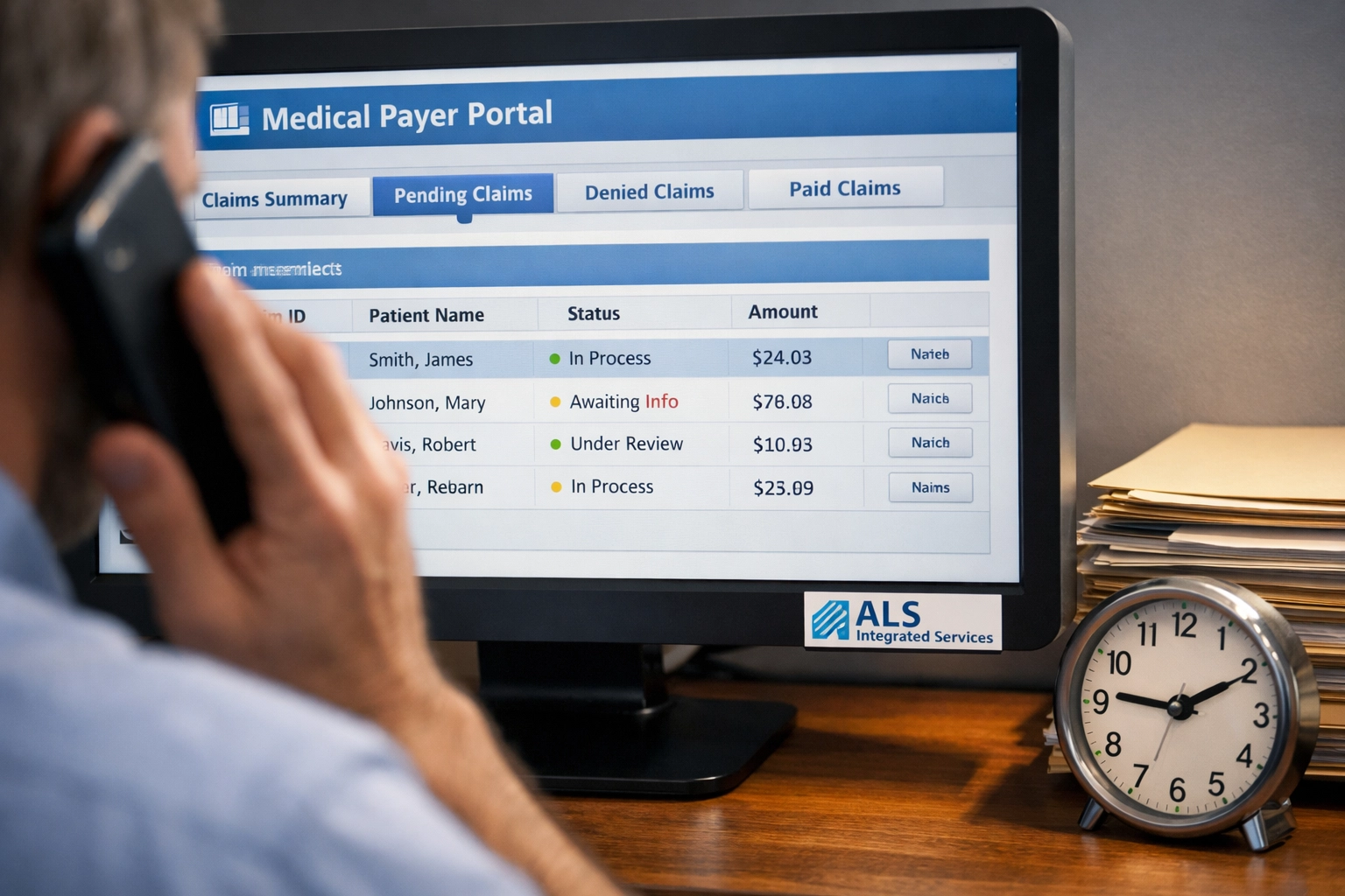 Stop the Cash-Flow Leak: A Simple A/R Follow-Up System That Gets Claims Paid (Without Working Nights) Healthcare billing specialist checking payer portal and making follow-up call for claim status verification