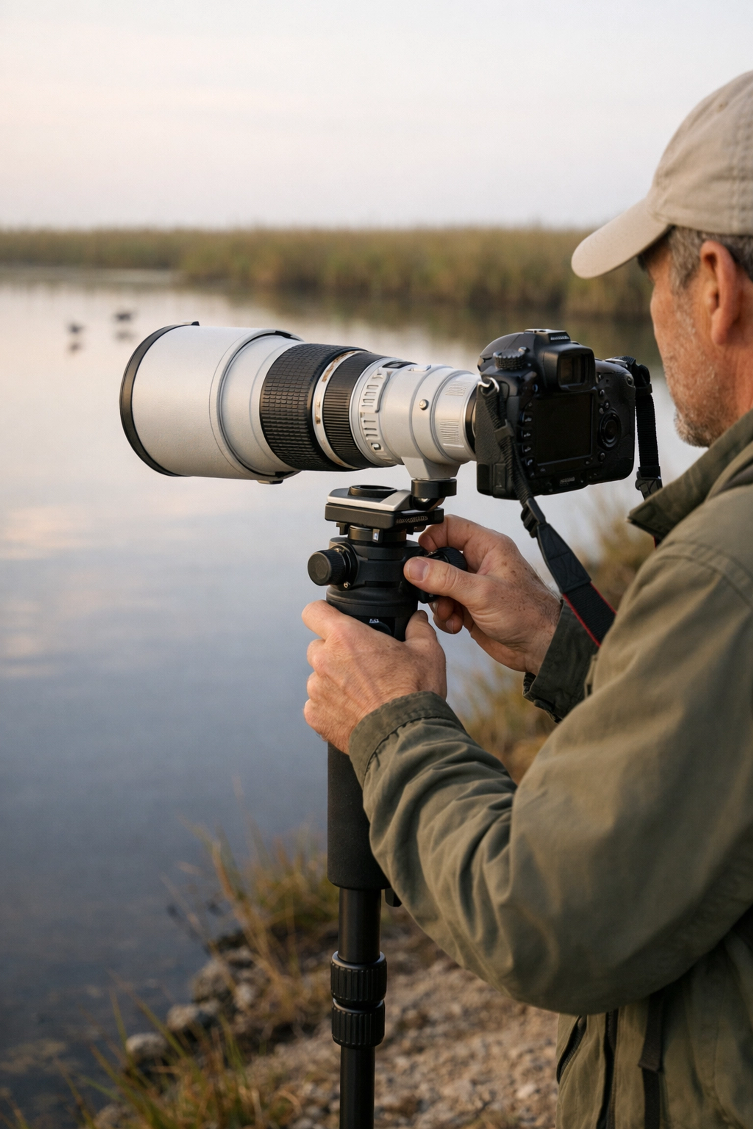 Wildlife photographer using a monopod and telephoto lens at a canal in the Everglades.