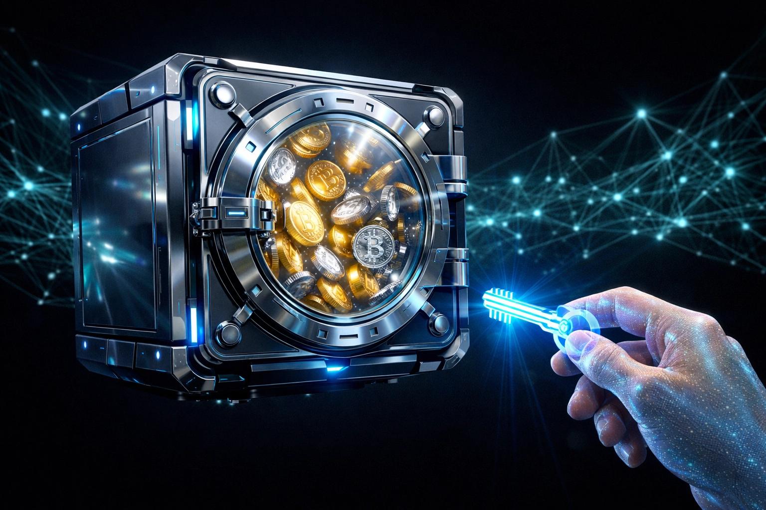 Secure digital vault representing crypto self-custody and merchant independence for decentralized payments.