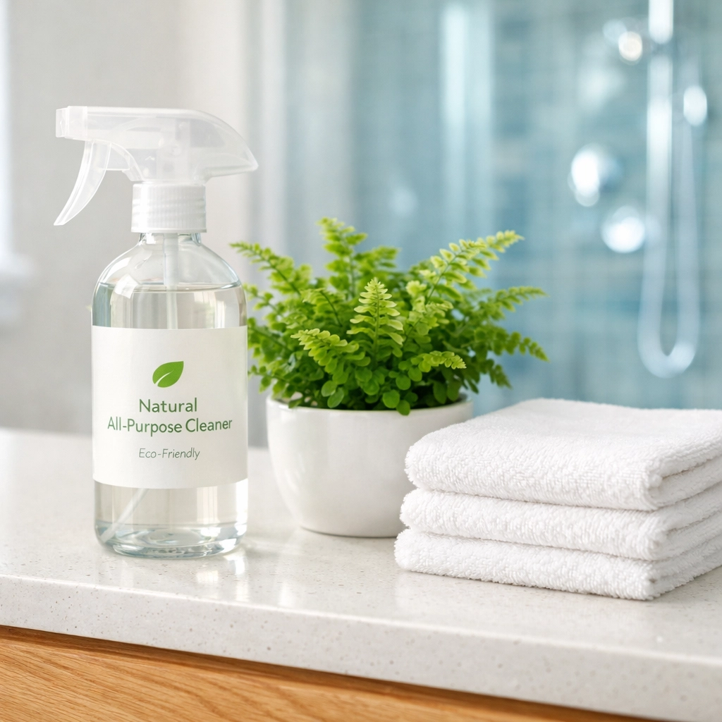 Non-toxic house cleaning supplies on a clean white quartz vanity in a high-end Carlisle estate.