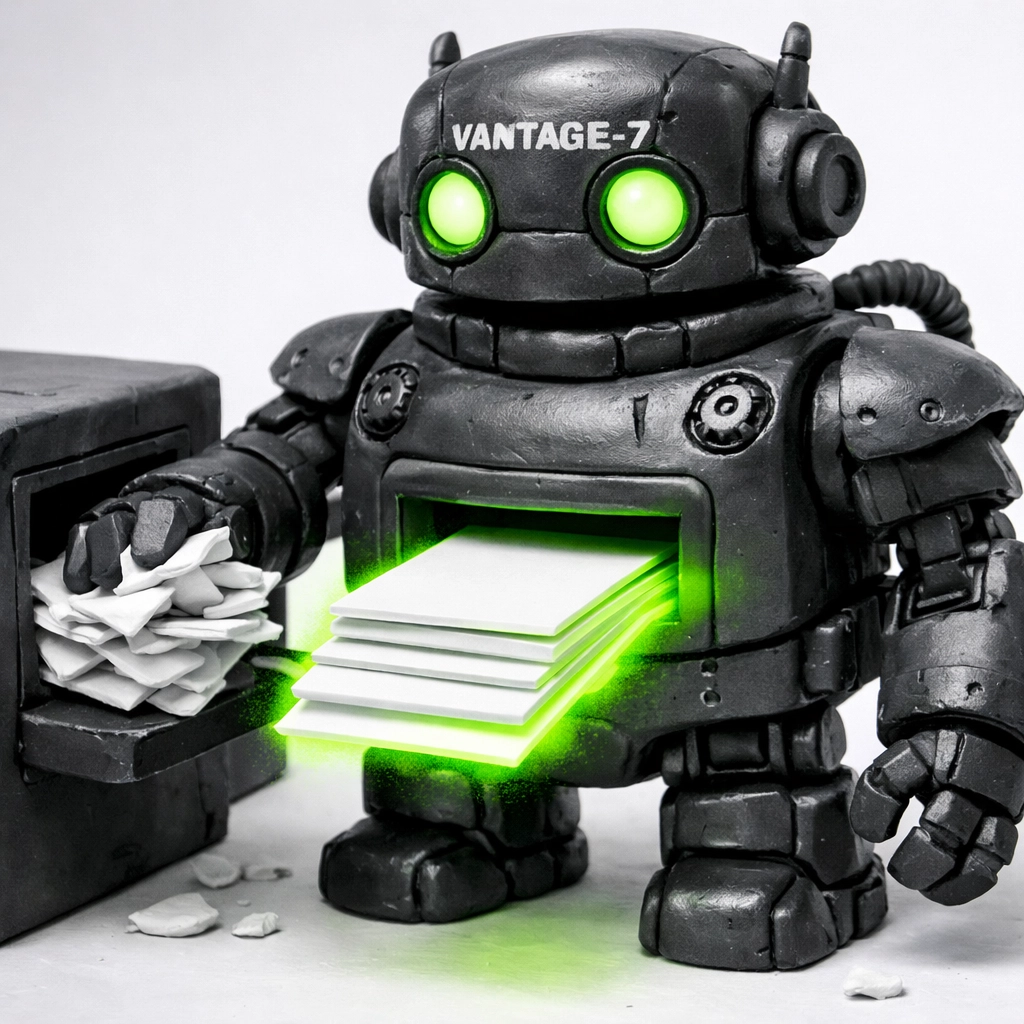 VANTAGE-7 AI engine robot transforming a messy resume into a perfectly optimized, neon green career document.