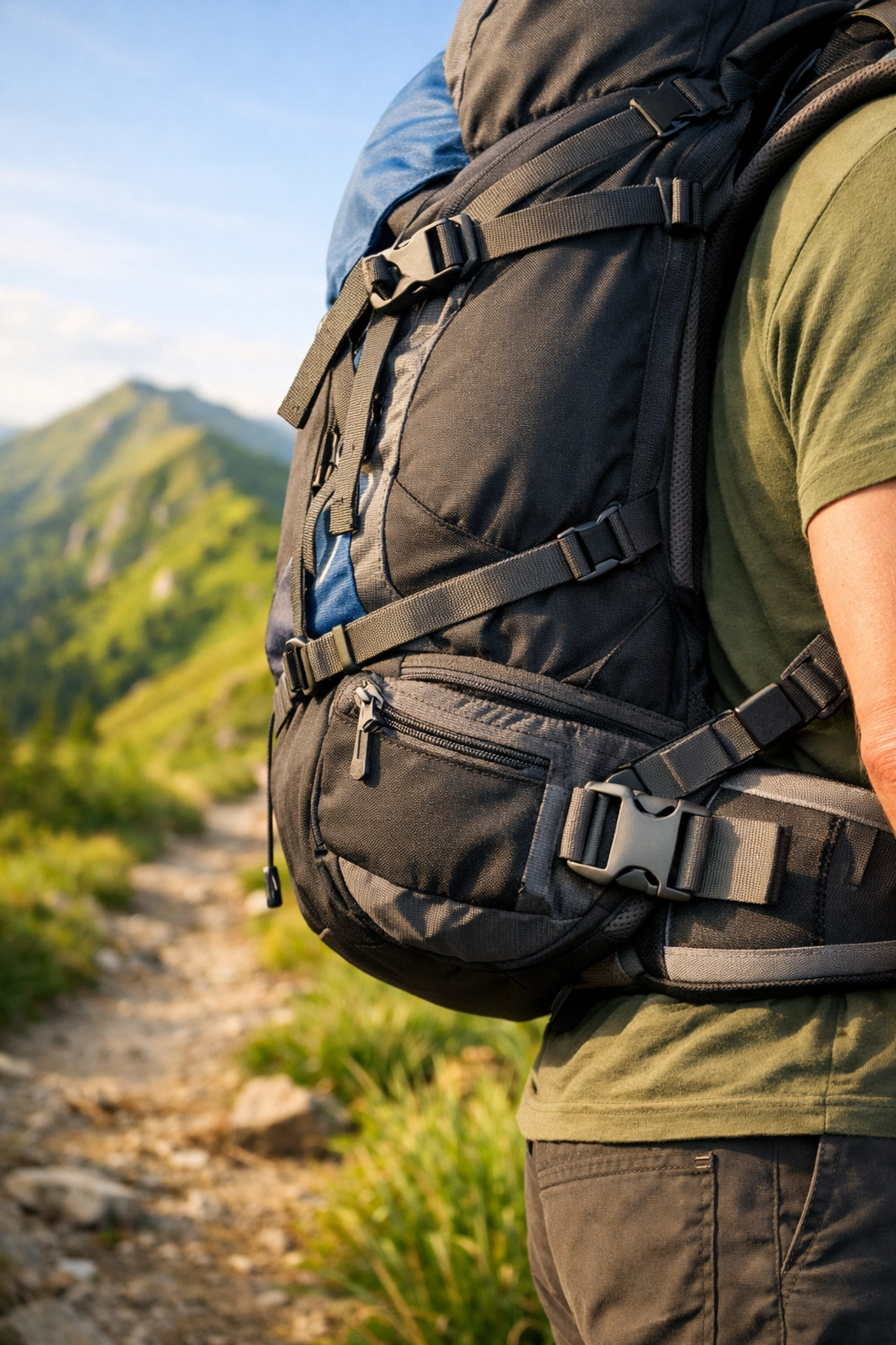 Close-up of a hiker wearing a properly fitted technical backpack for a camping adventure UK.