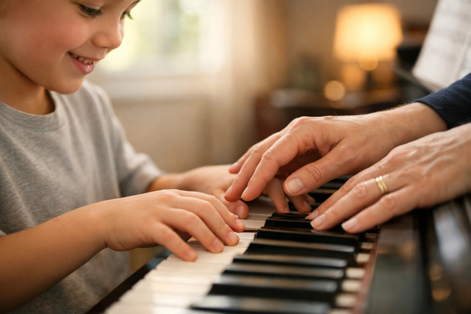 Piano teacher guiding student's hands on keyboard during personalized one-on-one lesson