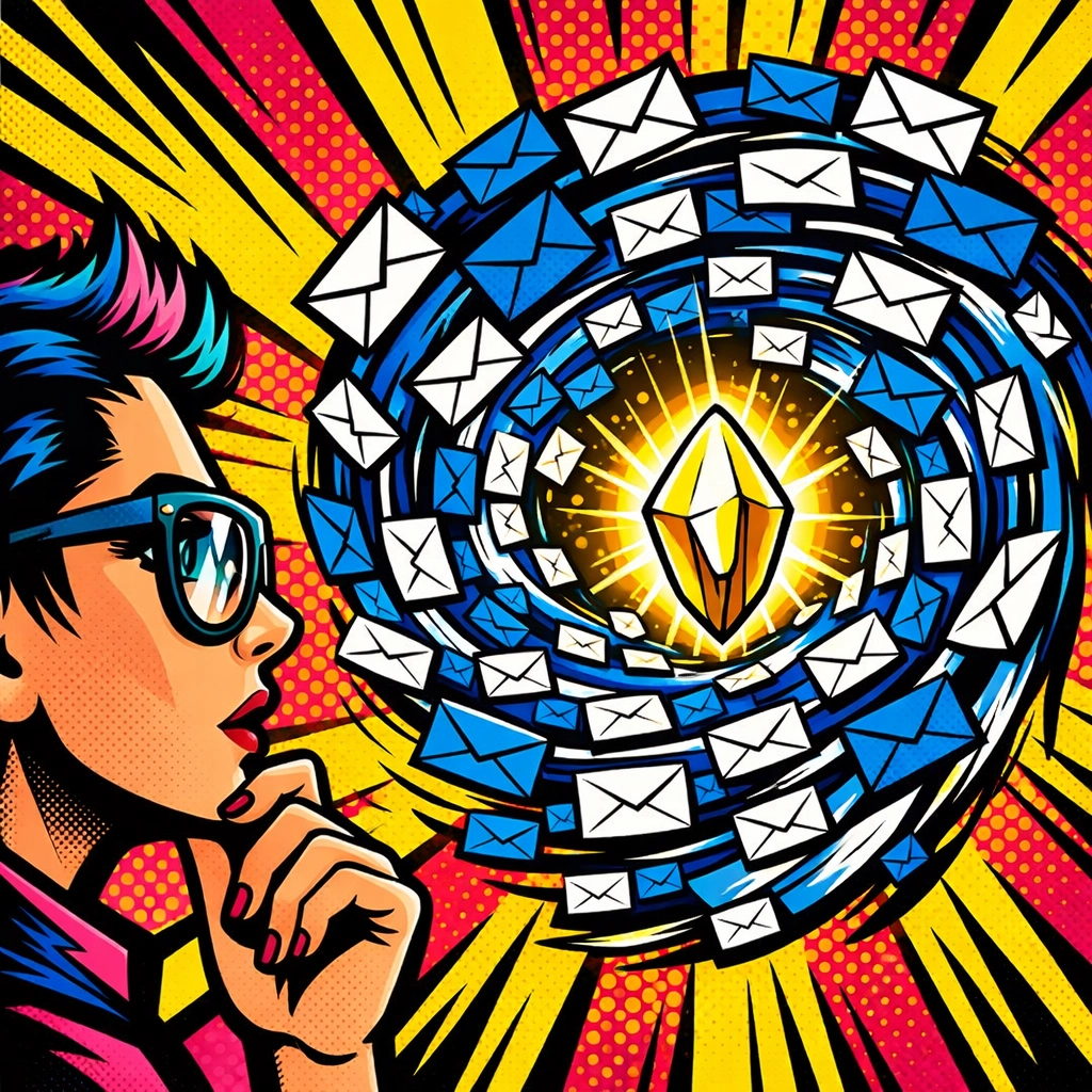 Pop art illustration of AI business automation tools condensing email threads into a single summary.