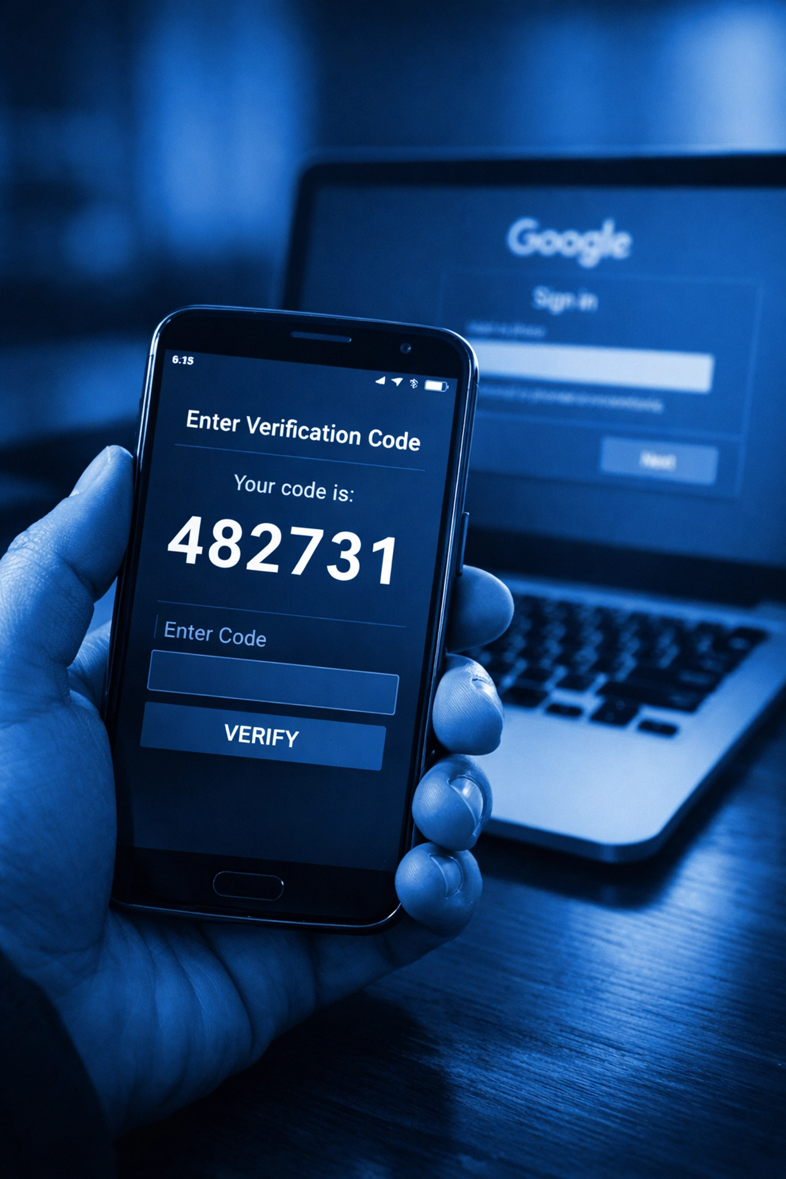 Smartphone displaying 6-digit verification code with Google Workspace login on laptop in background
