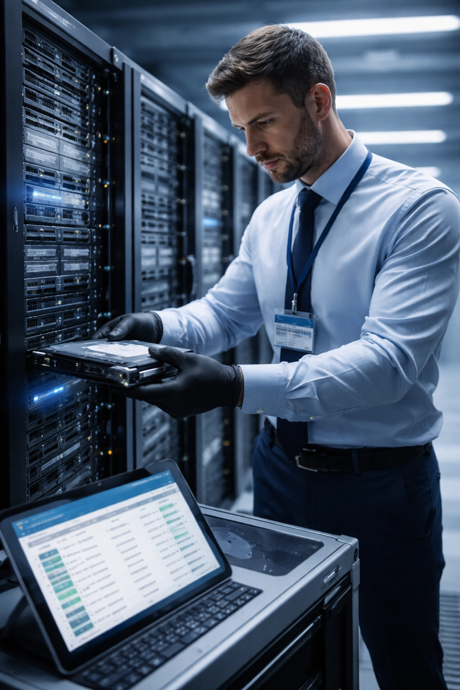 ITAD technician expertly handling data center server hardware to ensure certified asset disposition in a secure environment