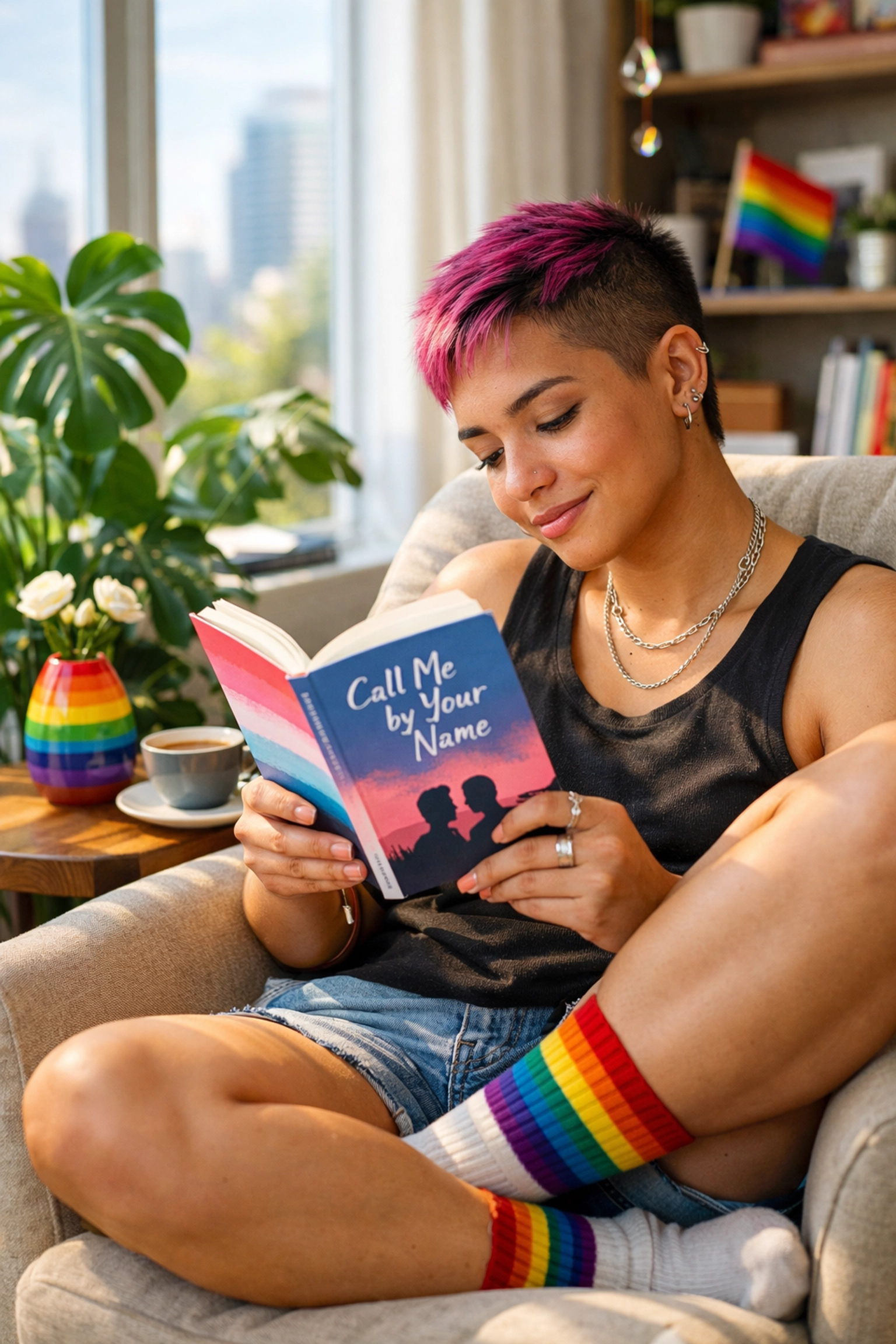 A queer person reading a contemporary gay book in a modern, pride-decorated apartment in 2026.