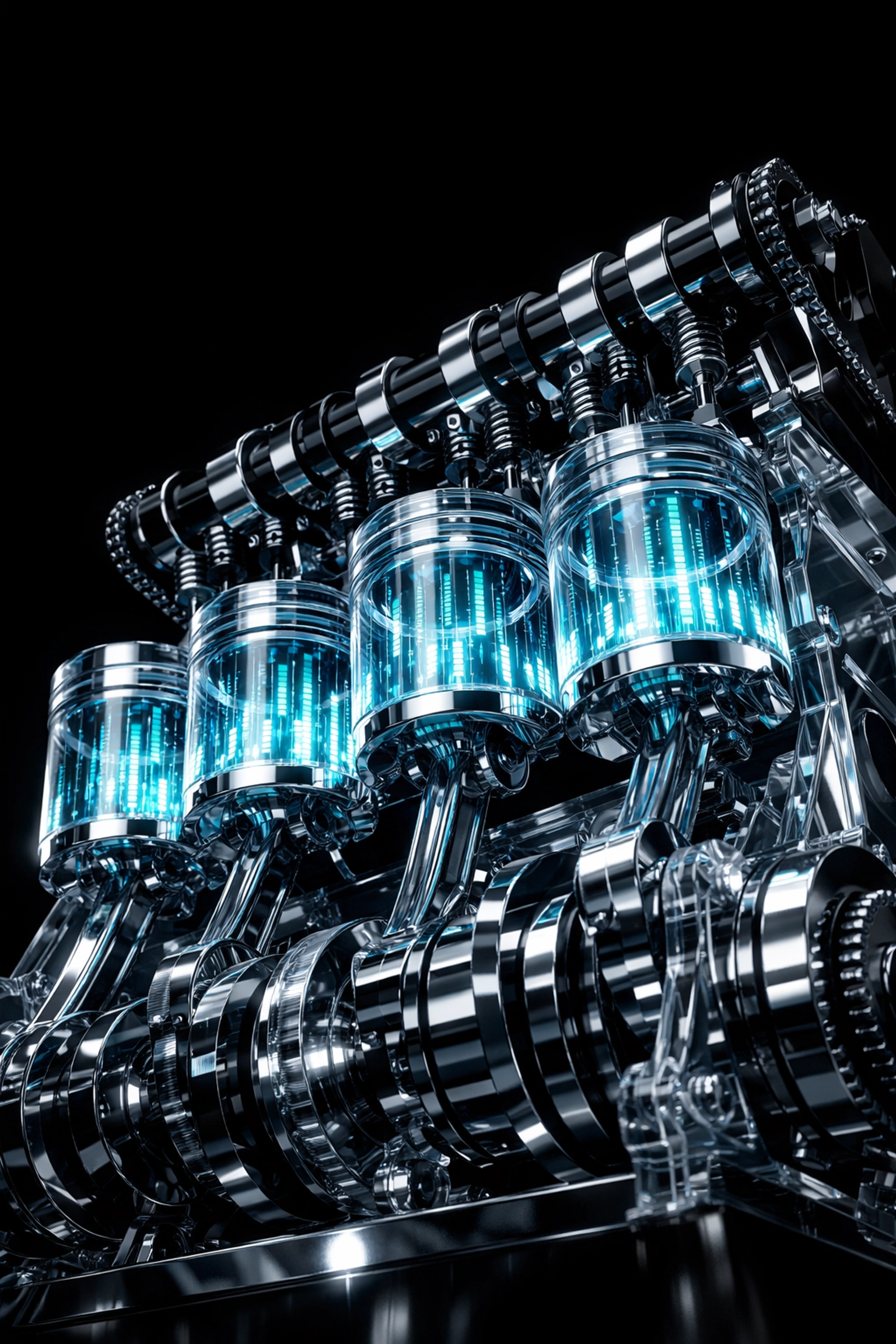 Transparent engine block representing the lean code and performance of custom WordPress development.