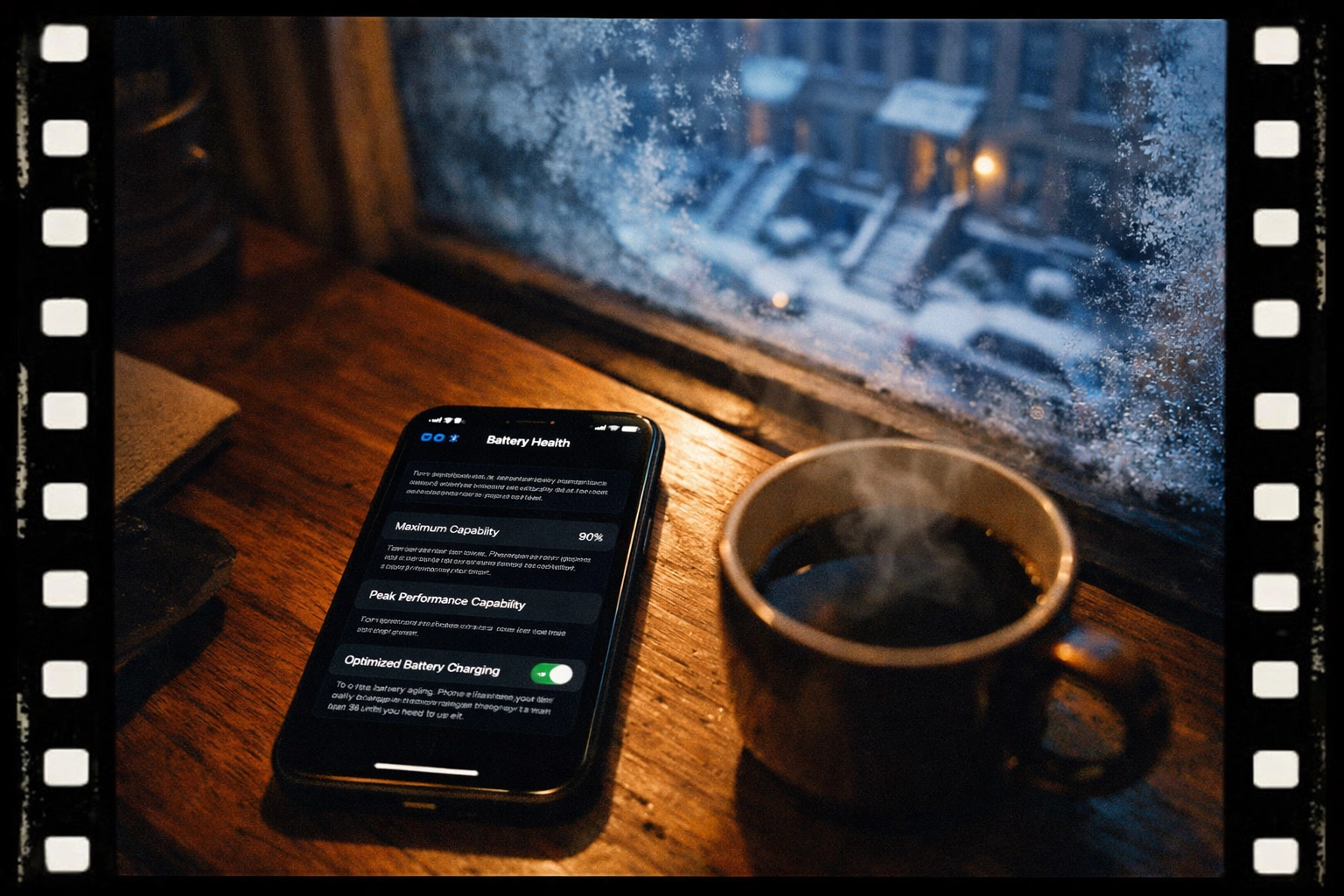 iPhone displaying battery health settings on desk with frosty Brooklyn window view