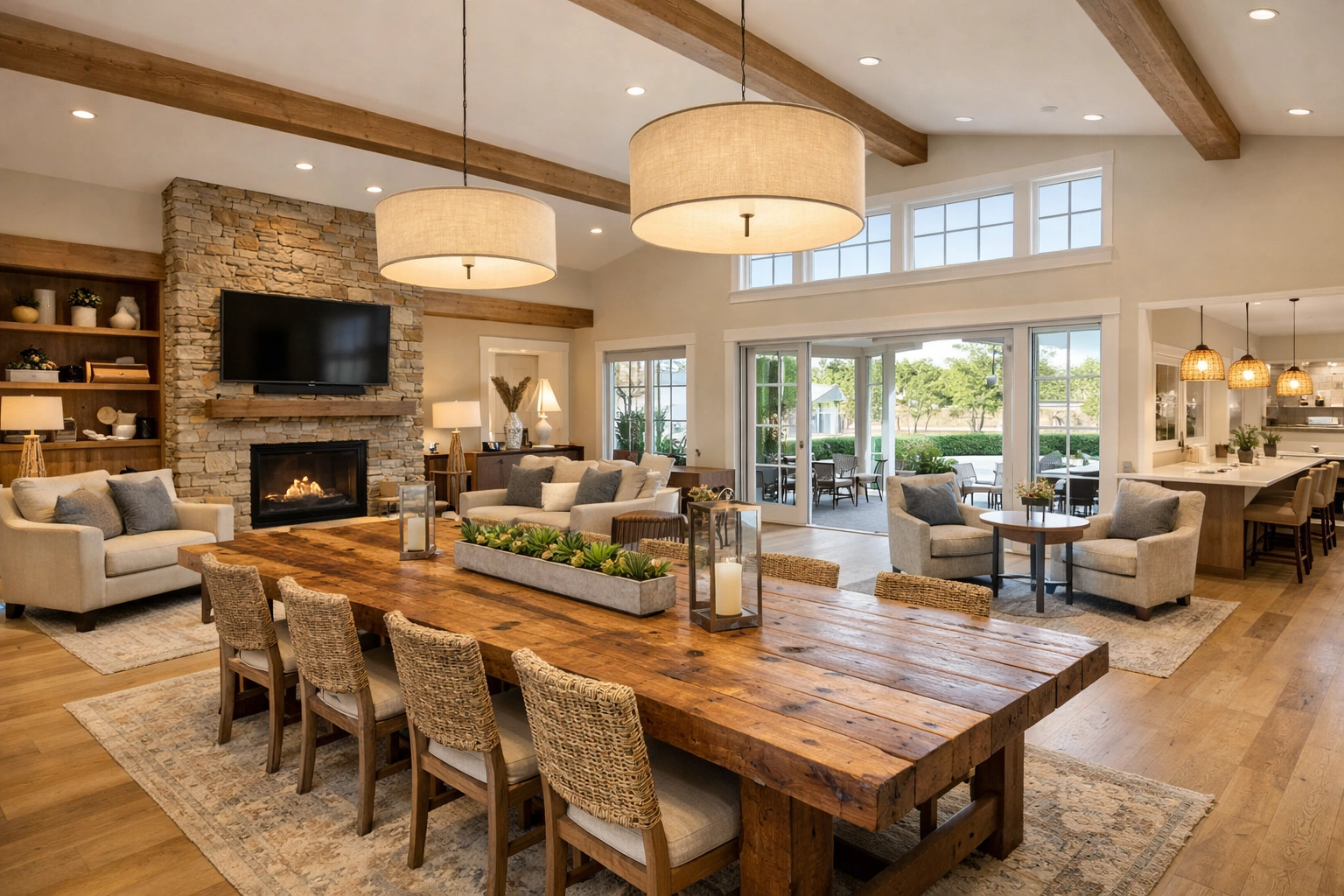 Modern community clubhouse with large windows and comfortable seating for residents at Post Oak.