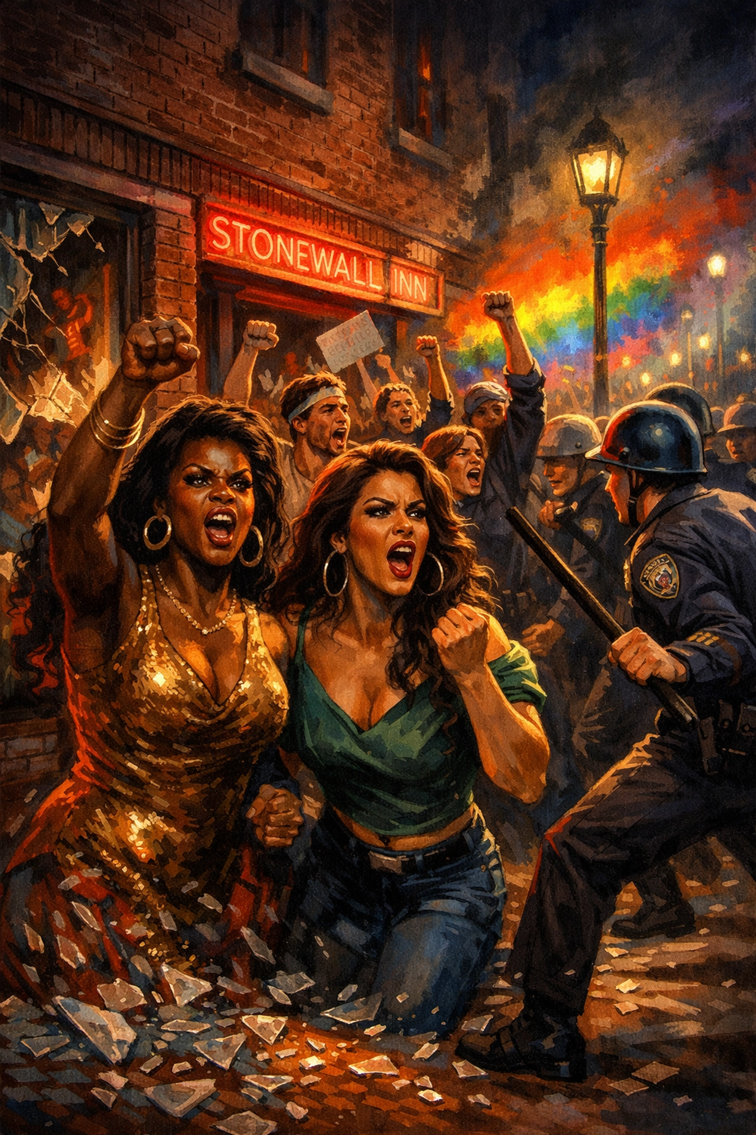 Stonewall Riots 1969 with LGBTQ+ activists confronting police in NYC gay rights uprising