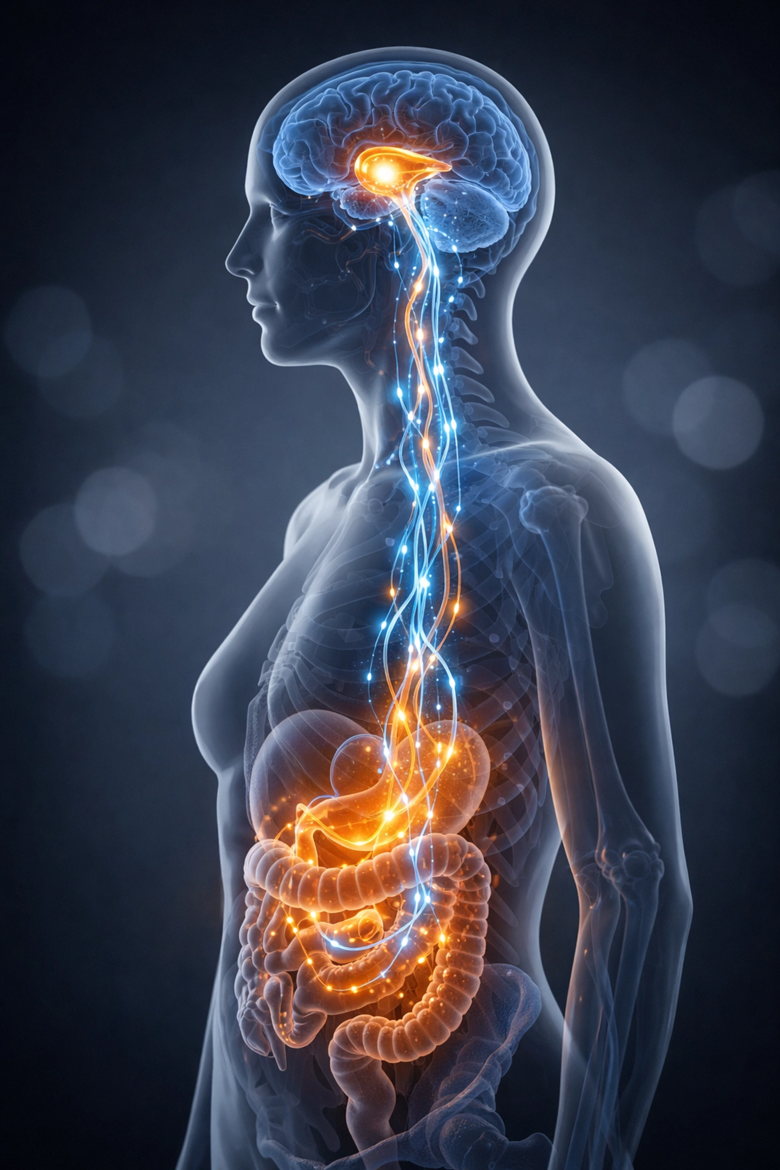 Diagram of the gut-brain axis showing hormone signaling for appetite suppression and satiety.