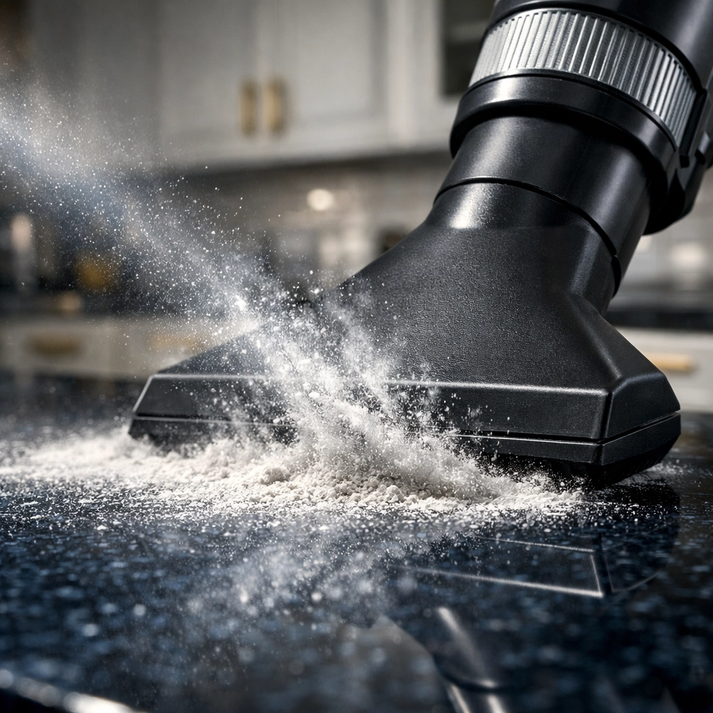 Cleaners for hire using HEPA filtration to remove construction dust from a luxury kitchen in Massachusetts.