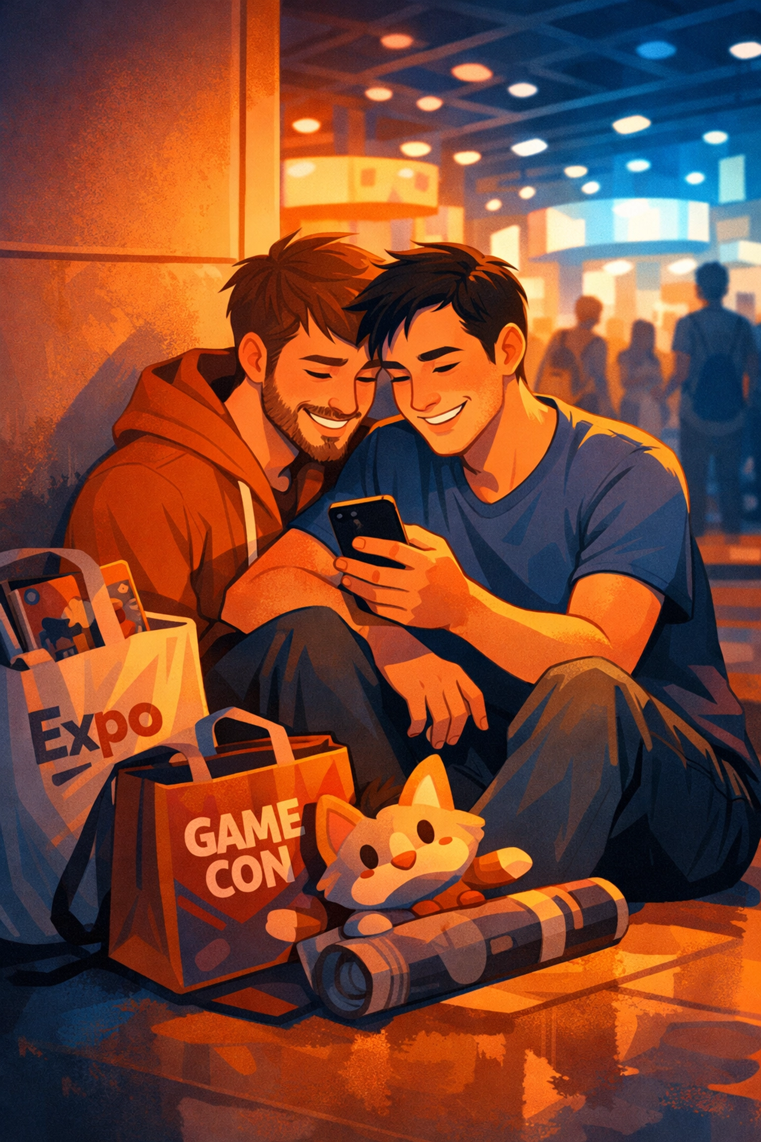 Gay couple sharing intimate moment at gaming convention