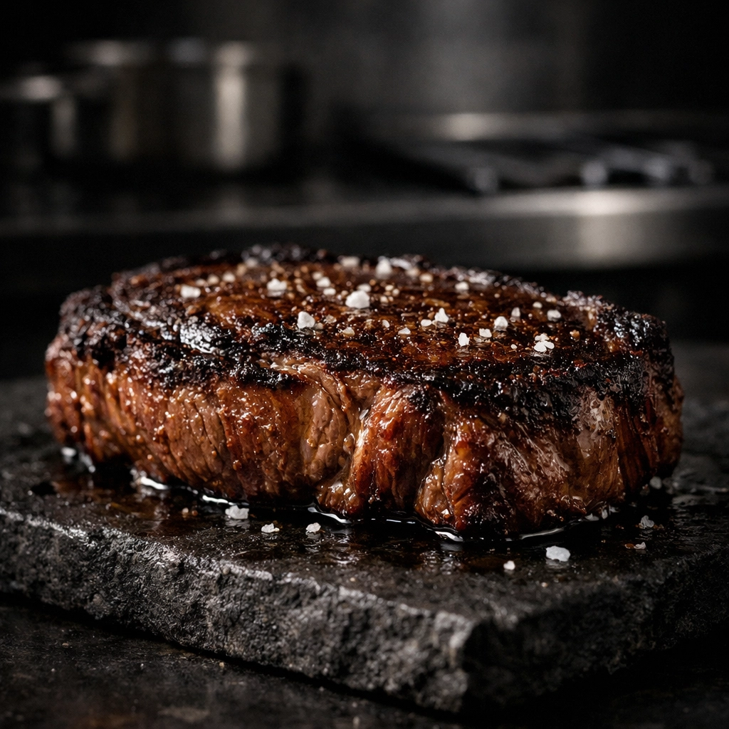 Seared grass-fed ribeye steak on a stone slab, representing high-quality protein in a carnivore diet.
