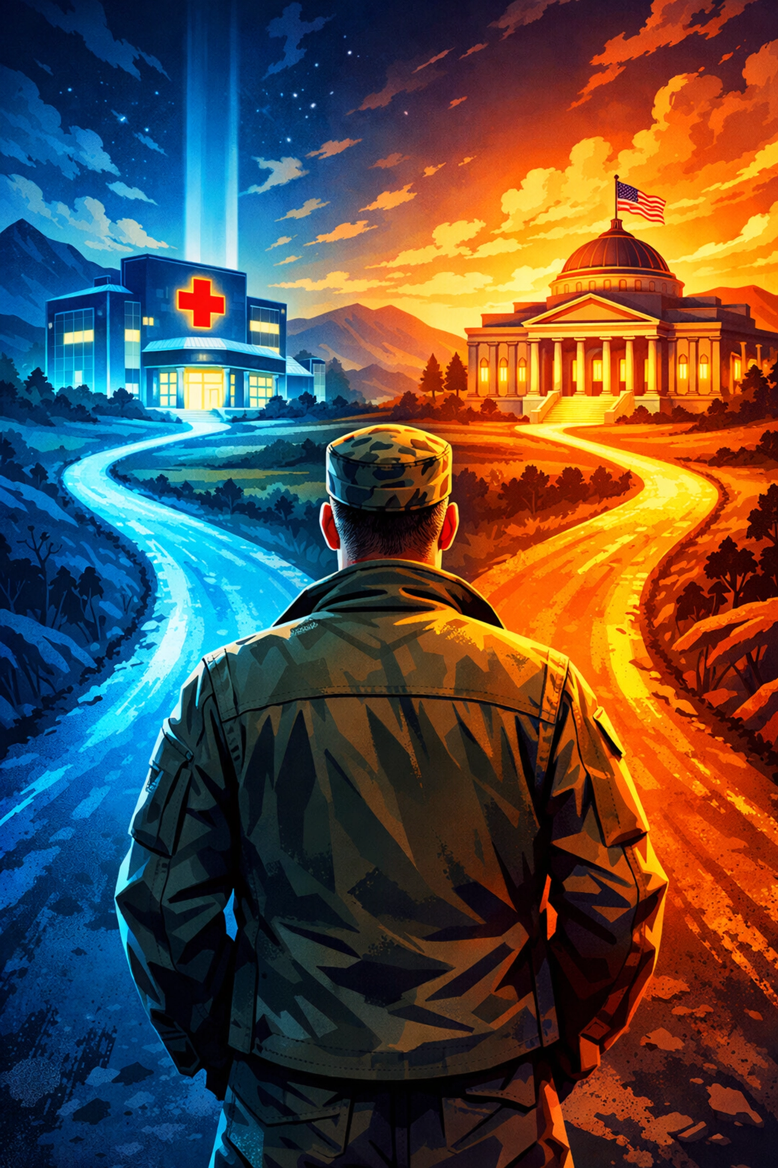 Veteran at a crossroad choosing a path in the VA disability claims process.