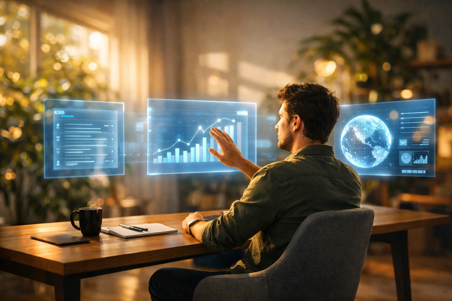 A professional using digital AI interfaces in a home office to manage high-demand online business tasks.