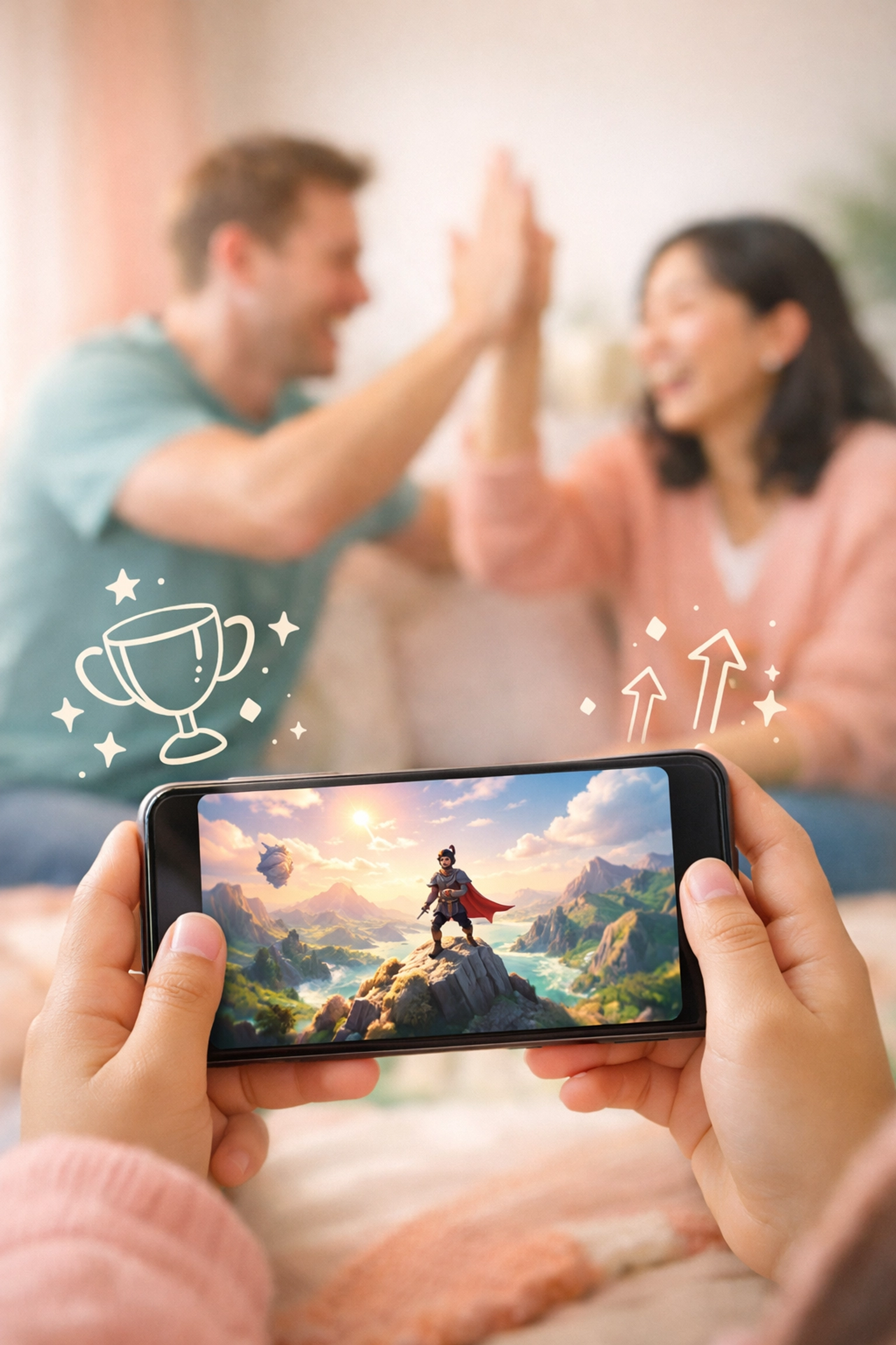 Smartphone showing a child-friendly adventure game with a superhero character used in the Bladder Defender™ app, while parents celebrate progress with a high-five in the background. The image represents gamified pediatric bladder health therapy and positive reinforcement strategies used to help children overcome bedwetting and build confidence through The Bladder Breakthrough™ home lifestyle program.