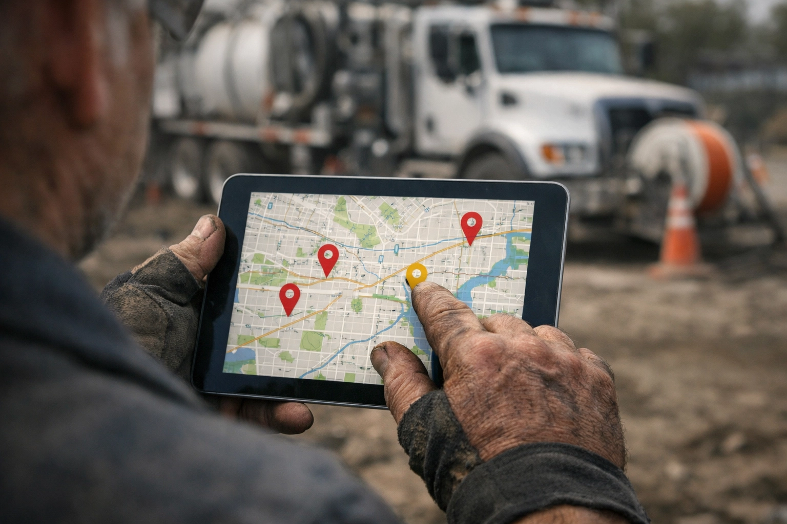 Contractor using digital map to find local hydrovac companies on HydroVacFinder platform