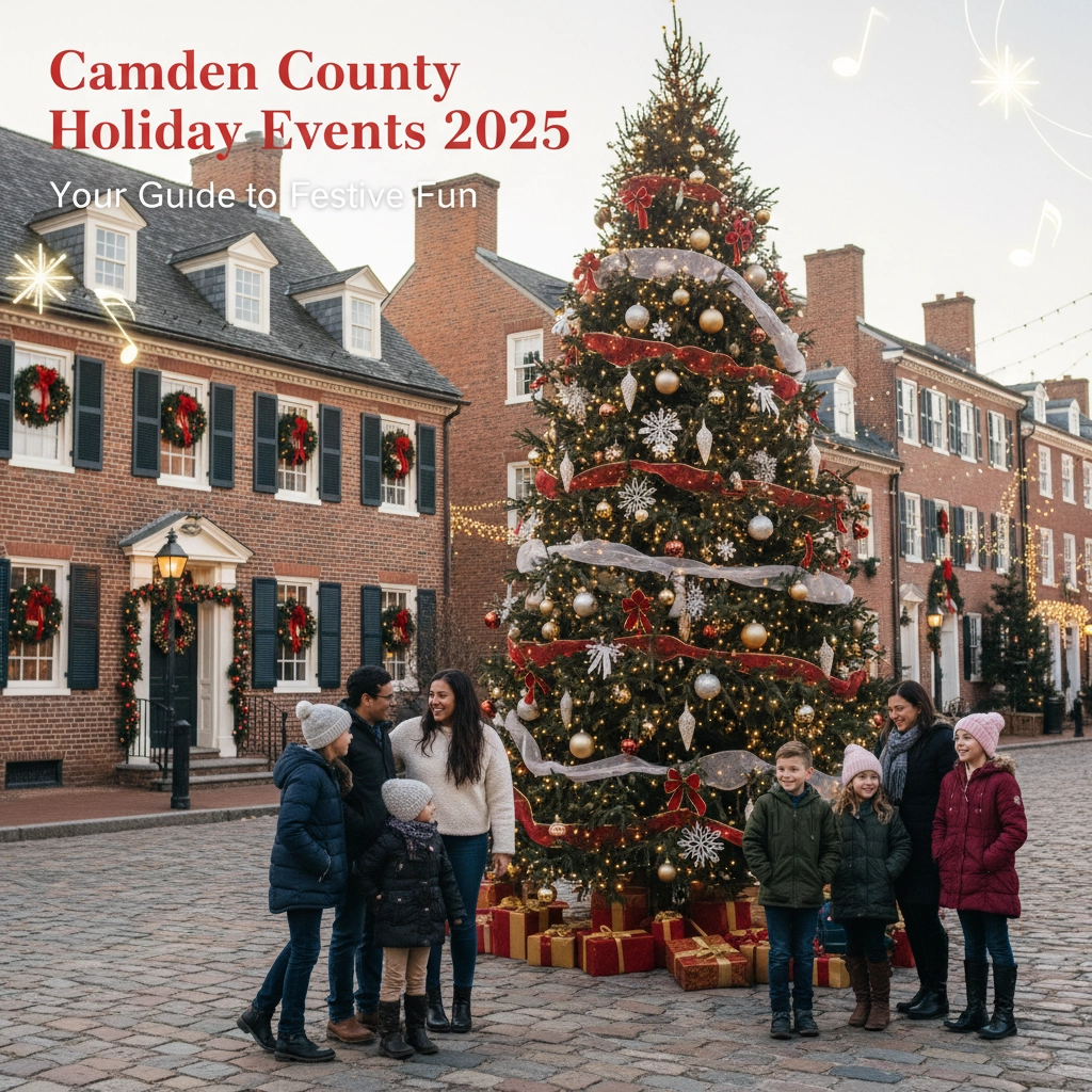 Festive holiday lights illuminating a street in Camden County, symbolizing the holiday events Festive holiday lights illuminating a street in Camden County, symbolizing the holiday events