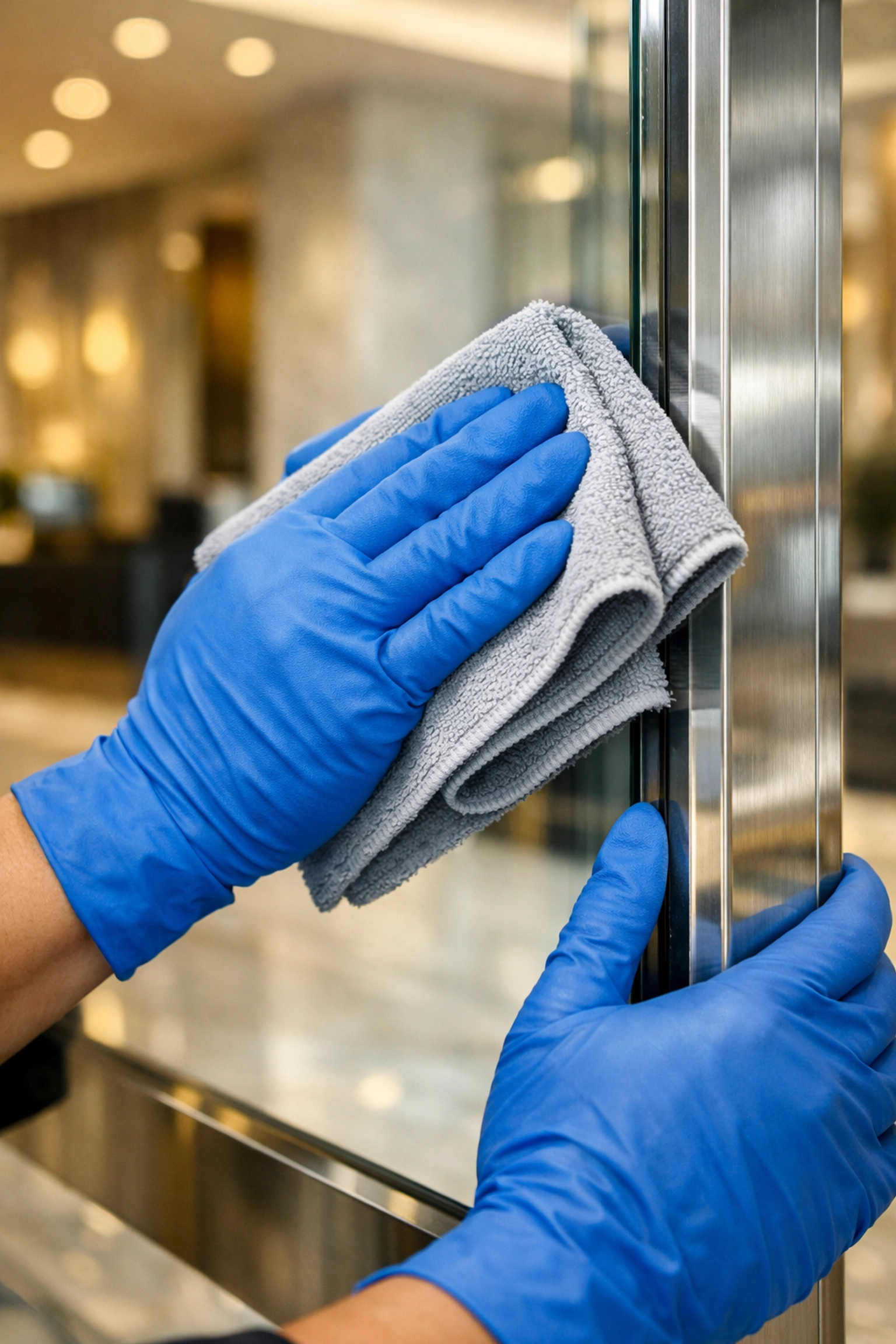 Professional commercial cleaner polishing a glass partition in a modern Holyoke office lobby.