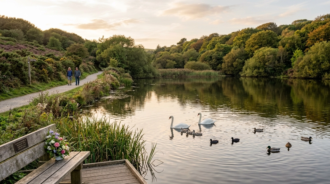 The peaceful Swanpool Lake Nature Reserve, showing the calm brackish lagoon and resident wildlife.