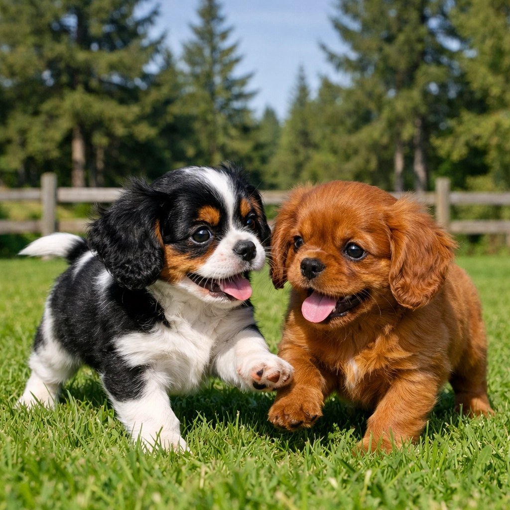 Healthy Cavalier King Charles Spaniel puppies from a breeder in Boring Oregon playing outdoors.